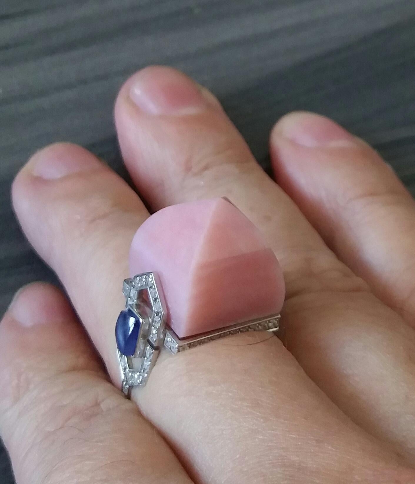 For Sale:  Art Deco Style 14k Gold Diamonds Blue Sapphires Pink Opal Pyramid Cocktail Ring 12