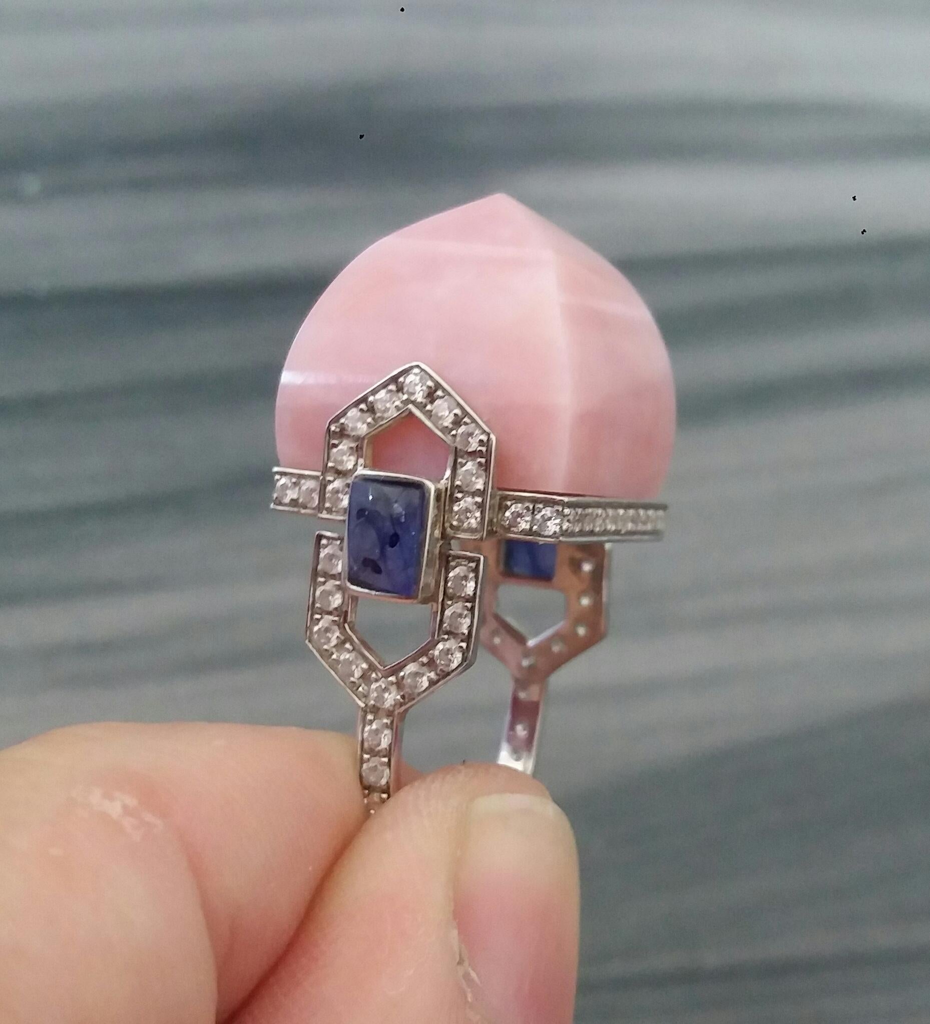 For Sale:  Art Deco Style 14k Gold Diamonds Blue Sapphires Pink Opal Pyramid Cocktail Ring 13