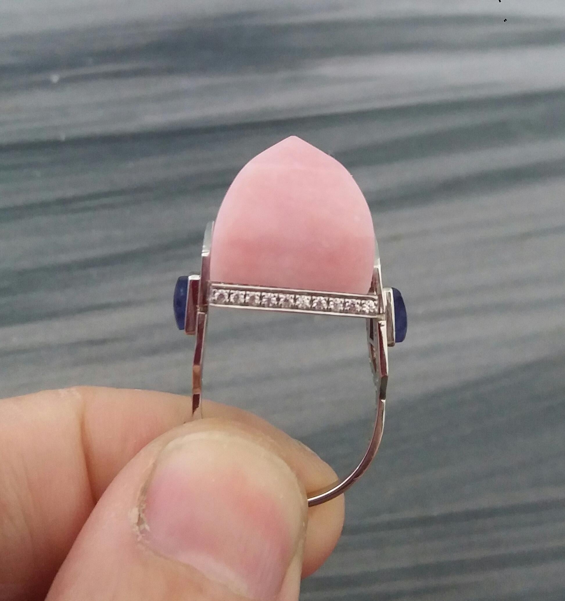 For Sale:  Art Deco Style 14k Gold Diamonds Blue Sapphires Pink Opal Pyramid Cocktail Ring 14