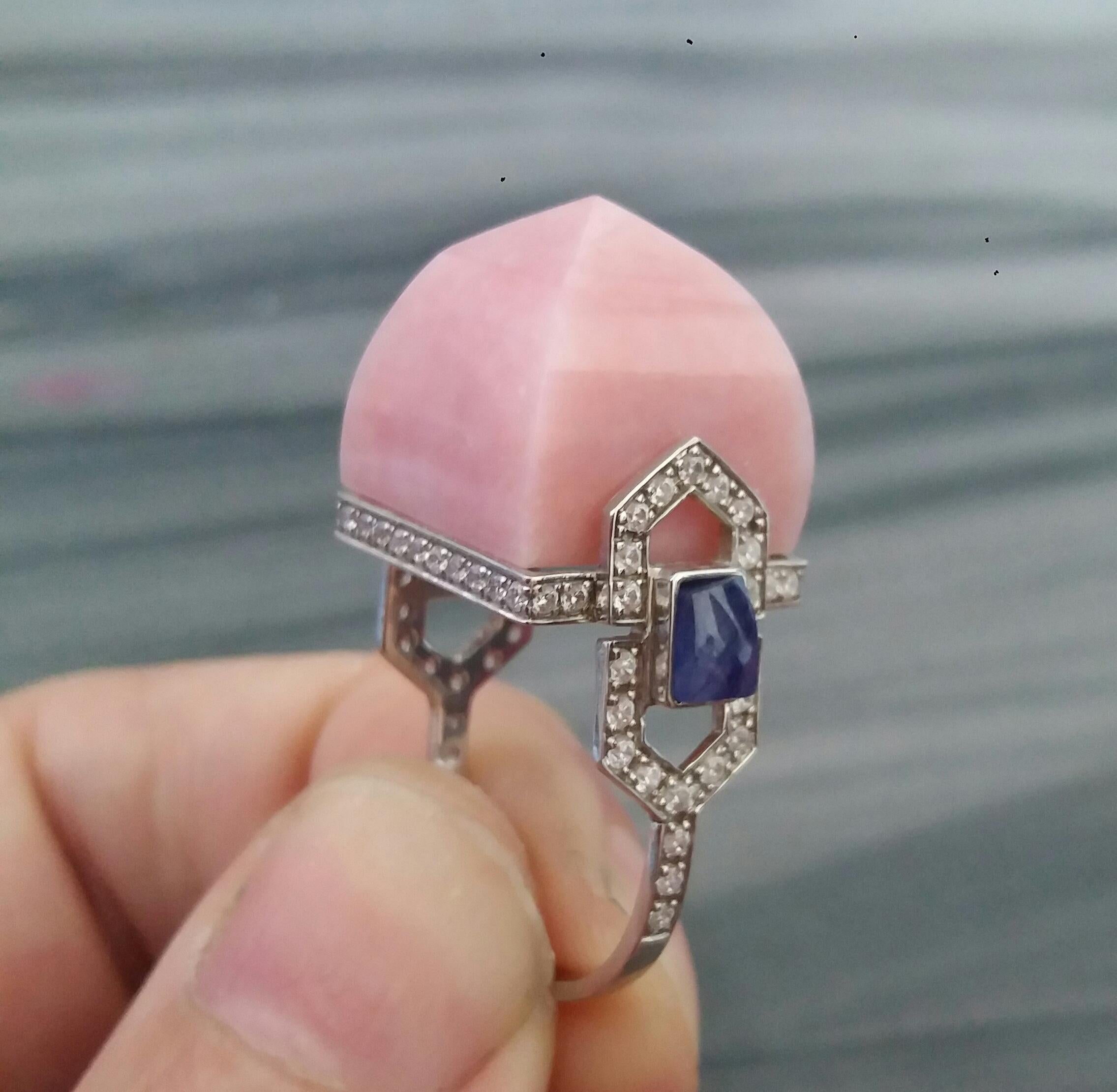 For Sale:  Art Deco Style 14k Gold Diamonds Blue Sapphires Pink Opal Pyramid Cocktail Ring 15