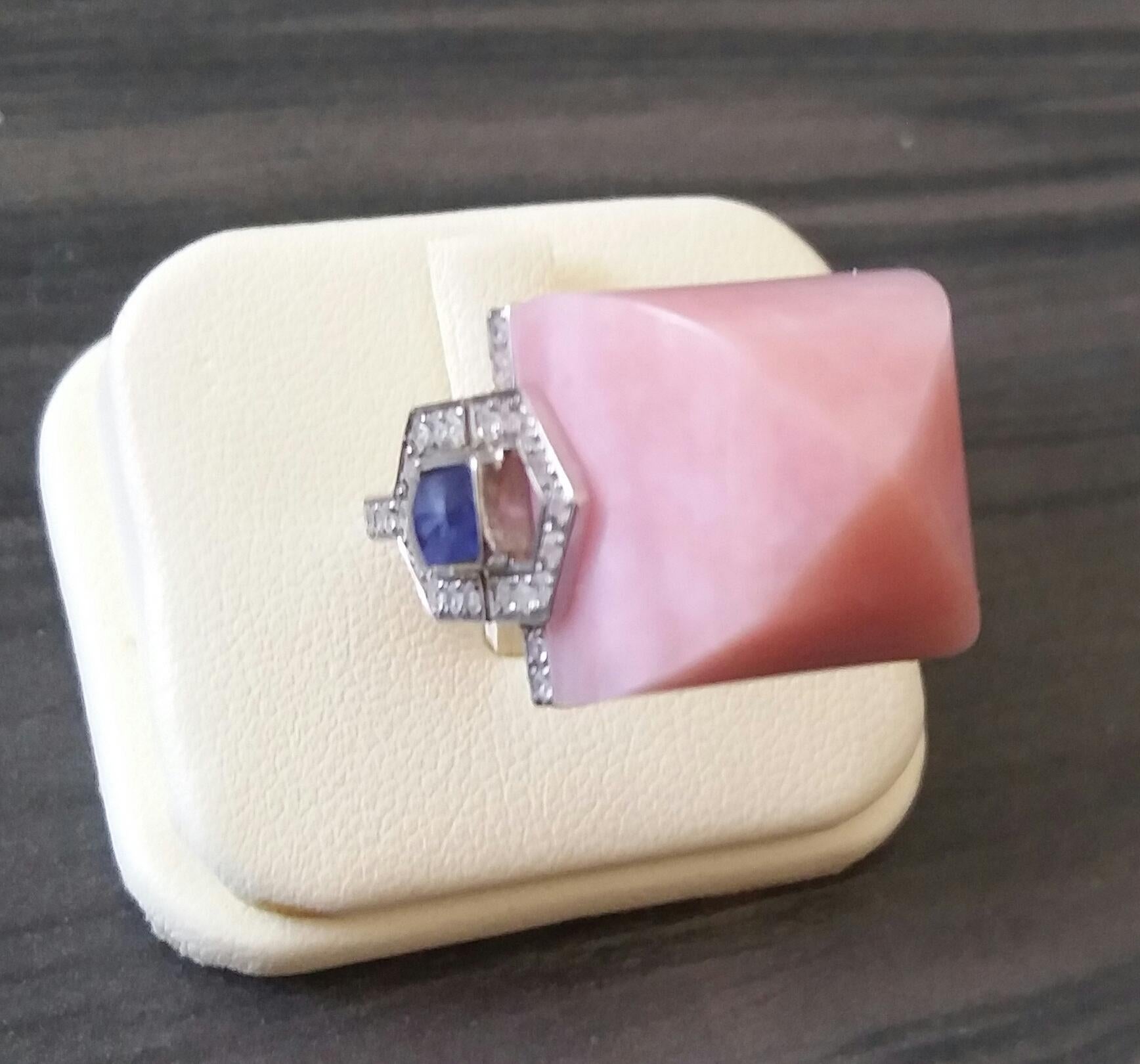 For Sale:  Art Deco Style 14k Gold Diamonds Blue Sapphires Pink Opal Pyramid Cocktail Ring 16