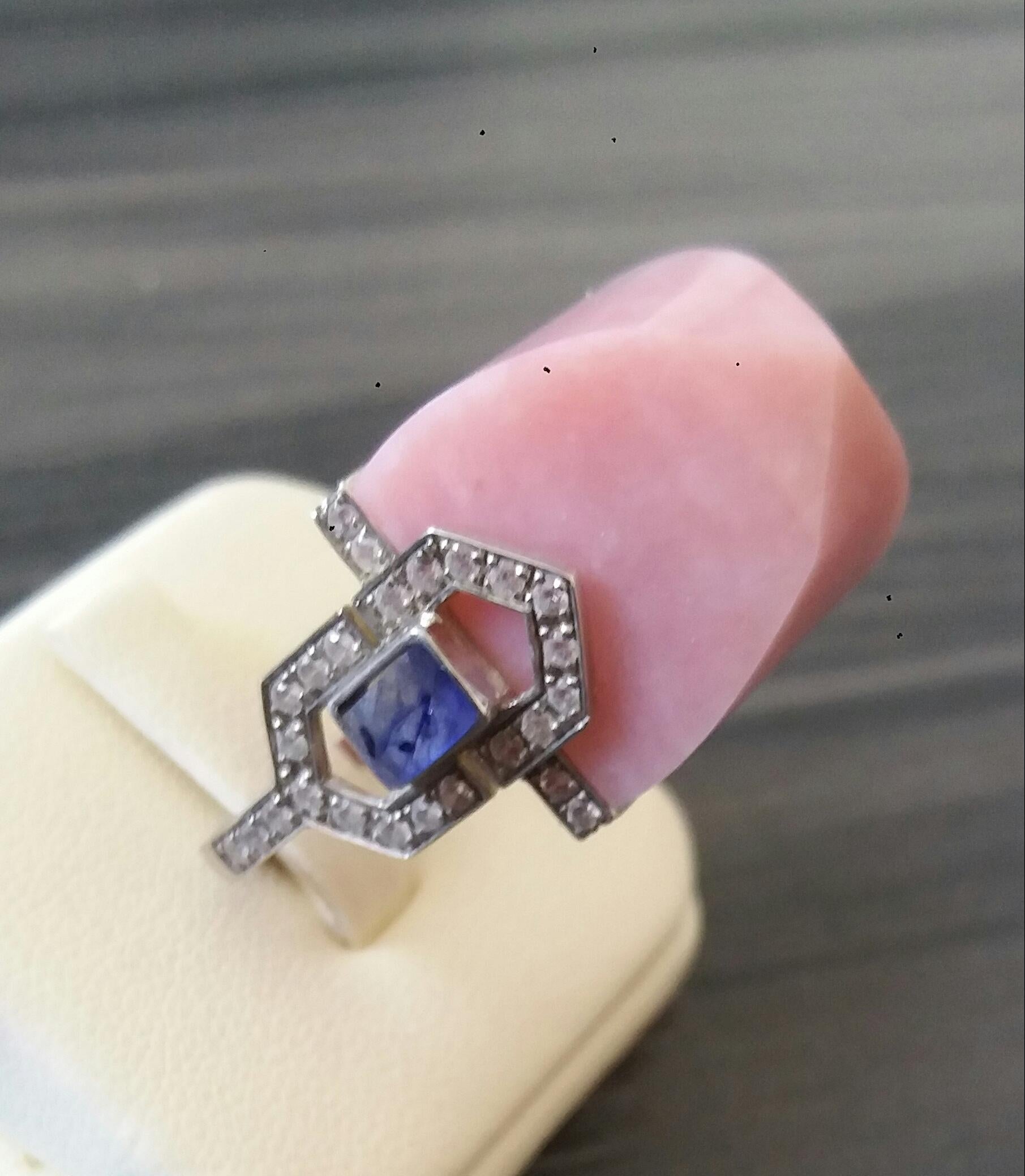 For Sale:  Art Deco Style 14k Gold Diamonds Blue Sapphires Pink Opal Pyramid Cocktail Ring 17