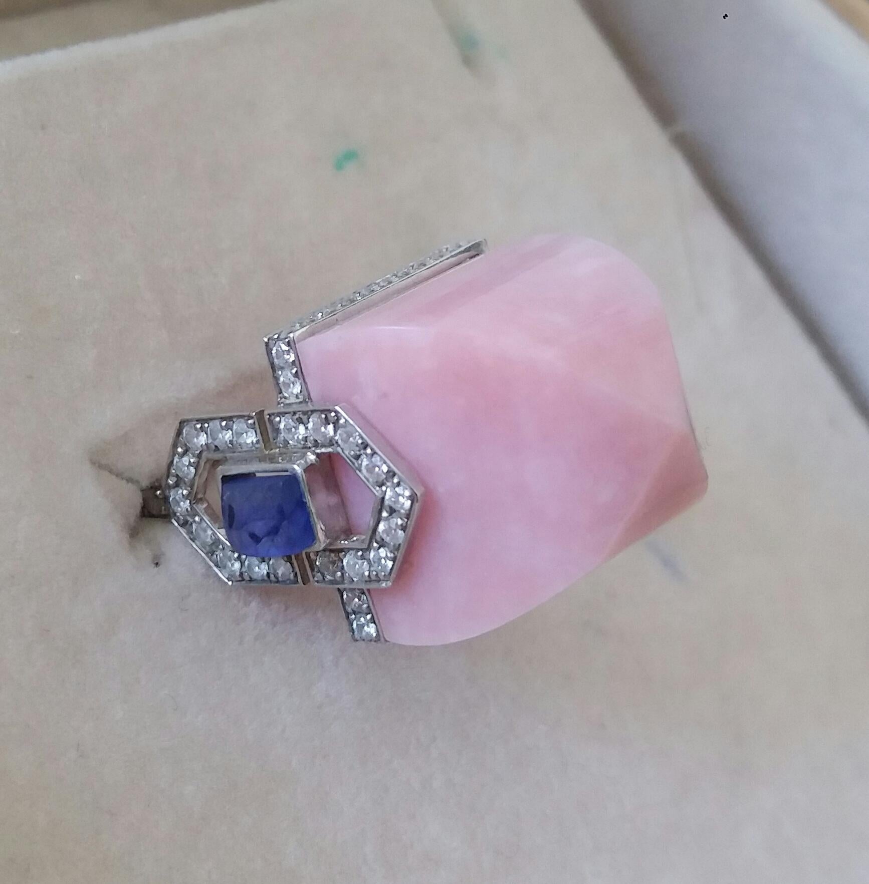 For Sale:  Art Deco Style 14k Gold Diamonds Blue Sapphires Pink Opal Pyramid Cocktail Ring 19