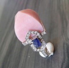 Art Deco Style 14k Gold Diamonds Blue Sapphires Pink Opal Pyramid Cocktail Ring