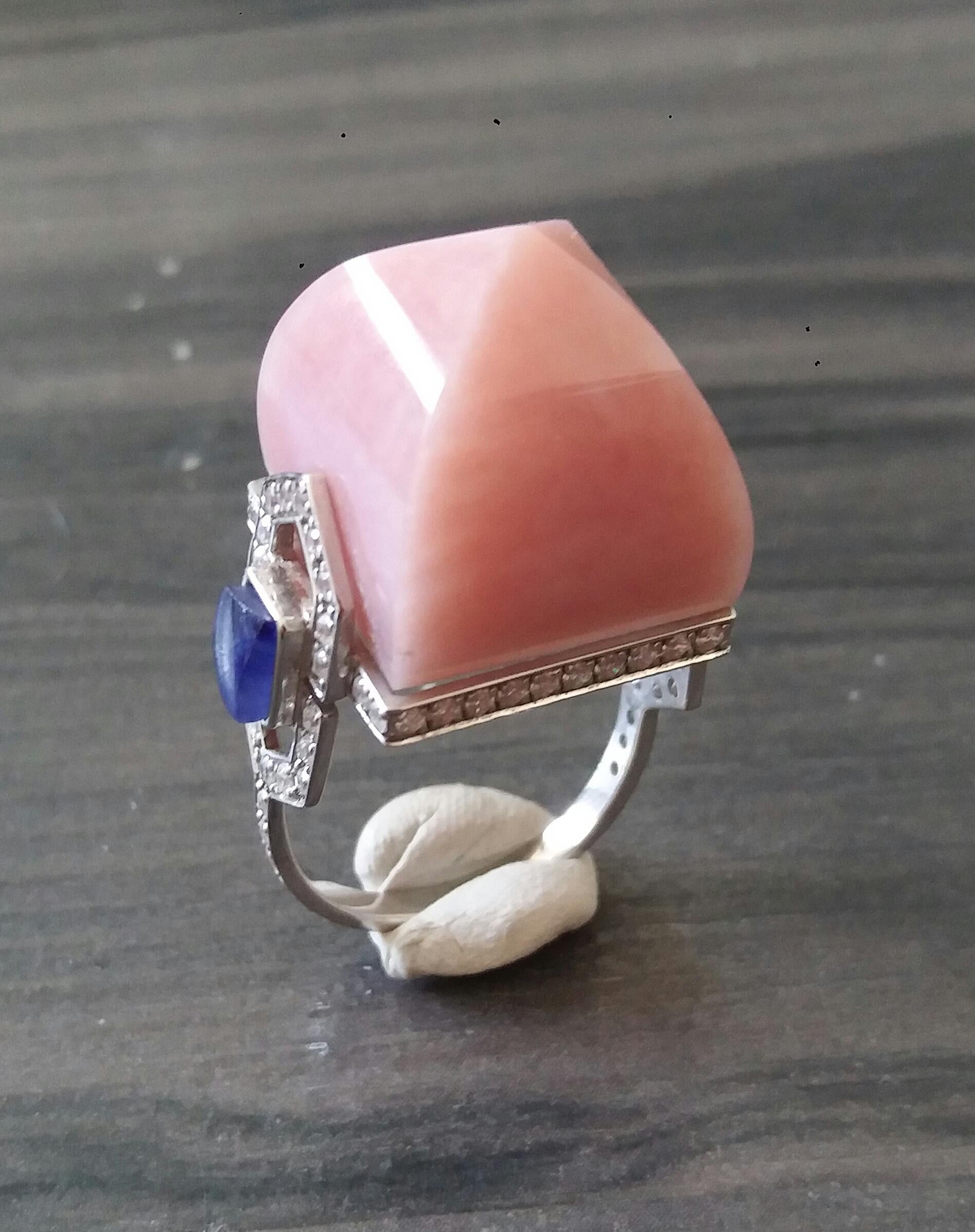 For Sale:  Art Deco Style 14k Gold Diamonds Blue Sapphires Pink Opal Pyramid Cocktail Ring 3