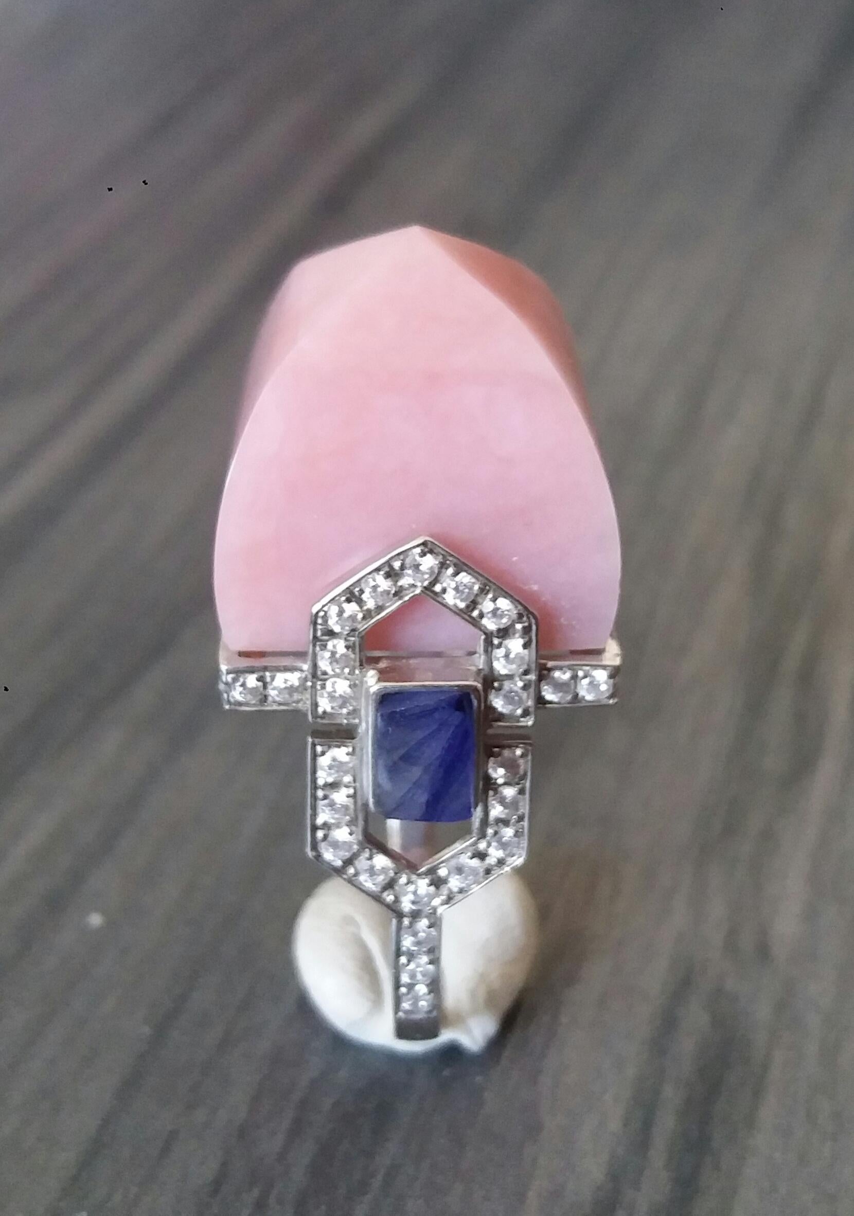 For Sale:  Art Deco Style 14k Gold Diamonds Blue Sapphires Pink Opal Pyramid Cocktail Ring 4