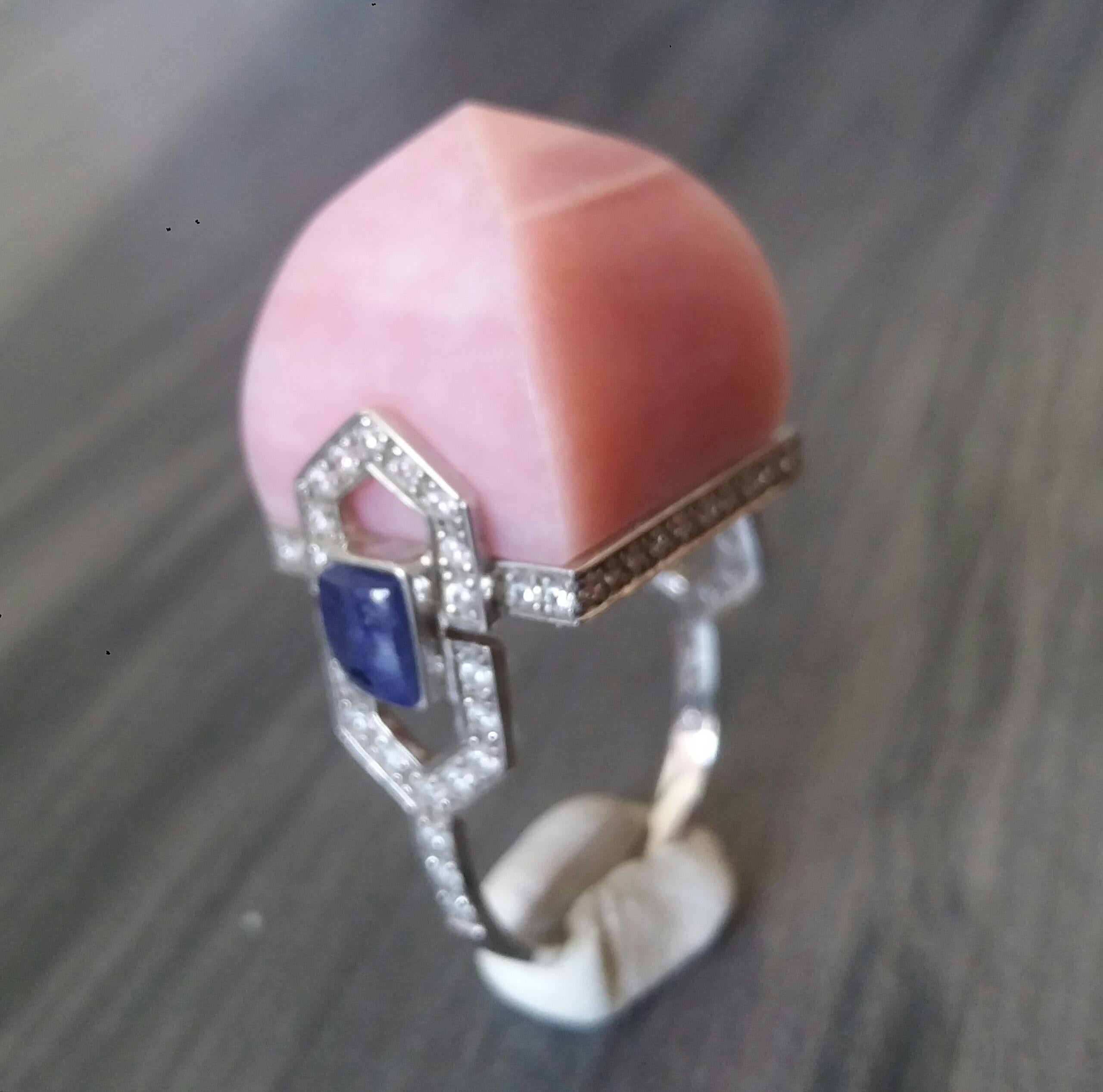 For Sale:  Art Deco Style 14k Gold Diamonds Blue Sapphires Pink Opal Pyramid Cocktail Ring 5