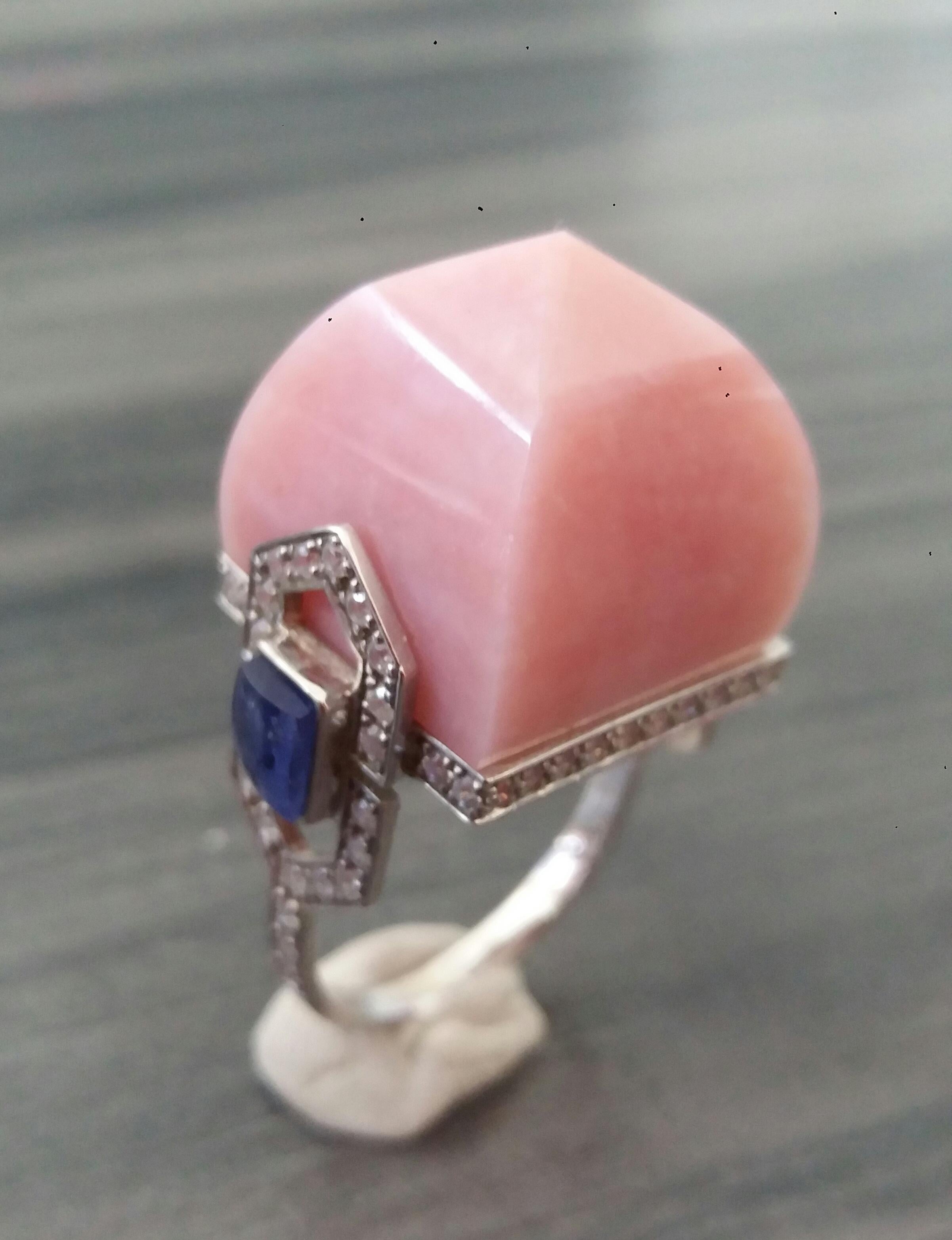 For Sale:  Art Deco Style 14k Gold Diamonds Blue Sapphires Pink Opal Pyramid Cocktail Ring 6