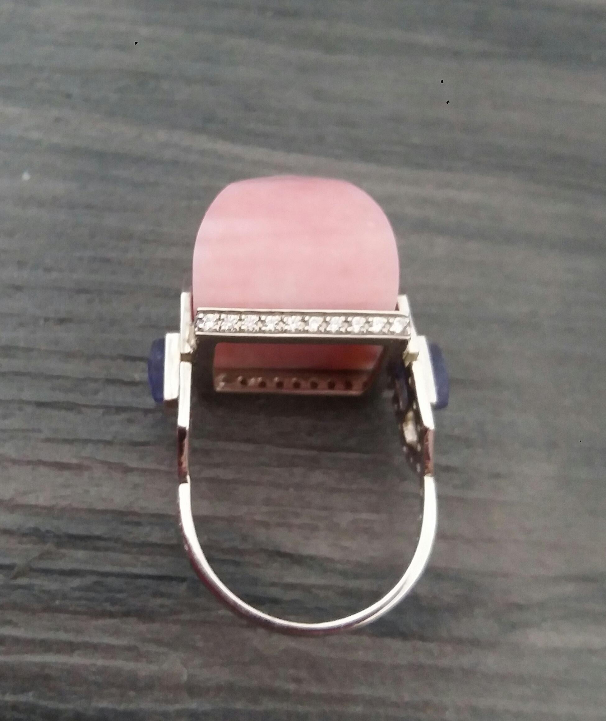 For Sale:  Art Deco Style 14k Gold Diamonds Blue Sapphires Pink Opal Pyramid Cocktail Ring 7