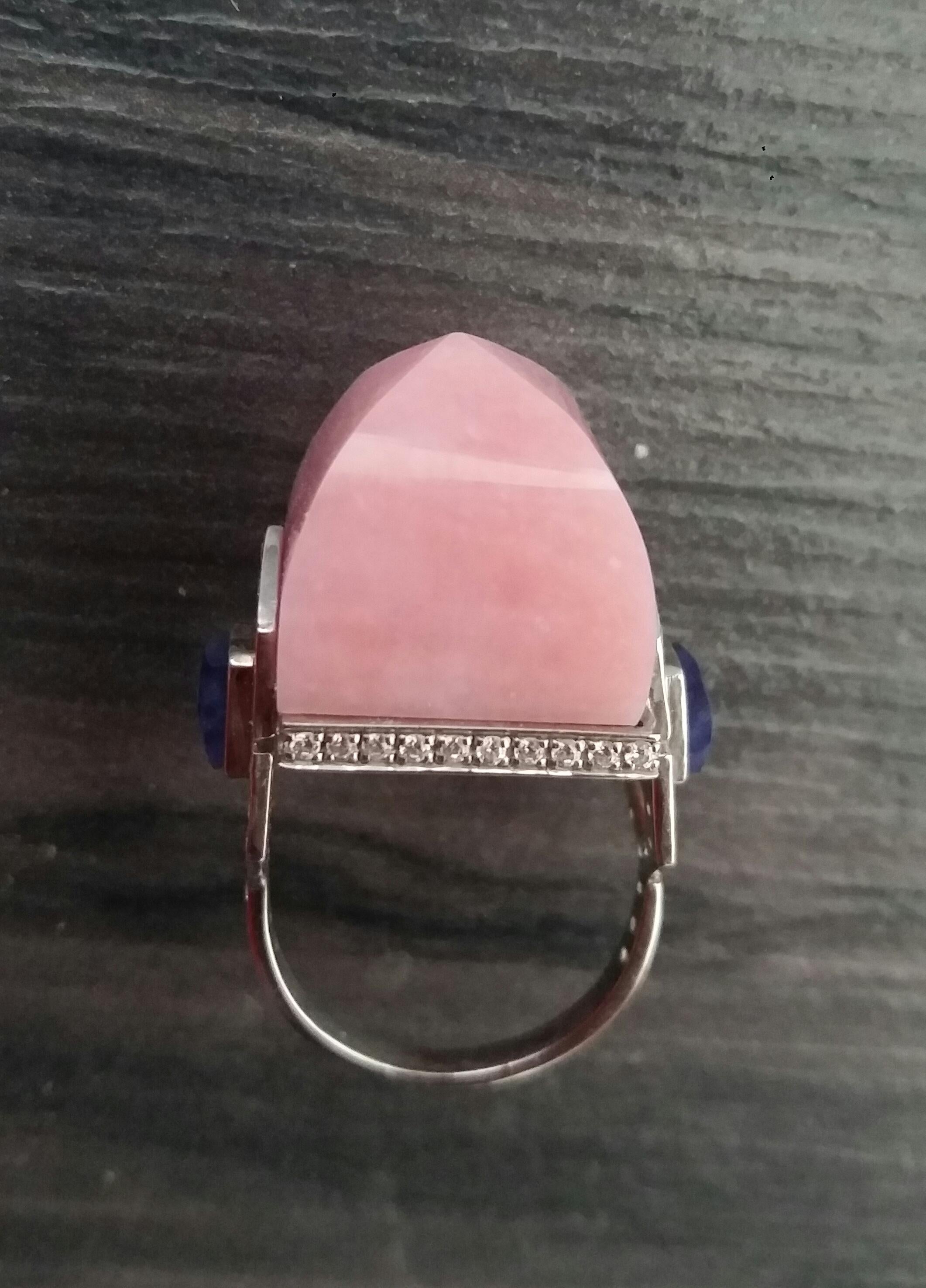 For Sale:  Art Deco Style 14k Gold Diamonds Blue Sapphires Pink Opal Pyramid Cocktail Ring 8