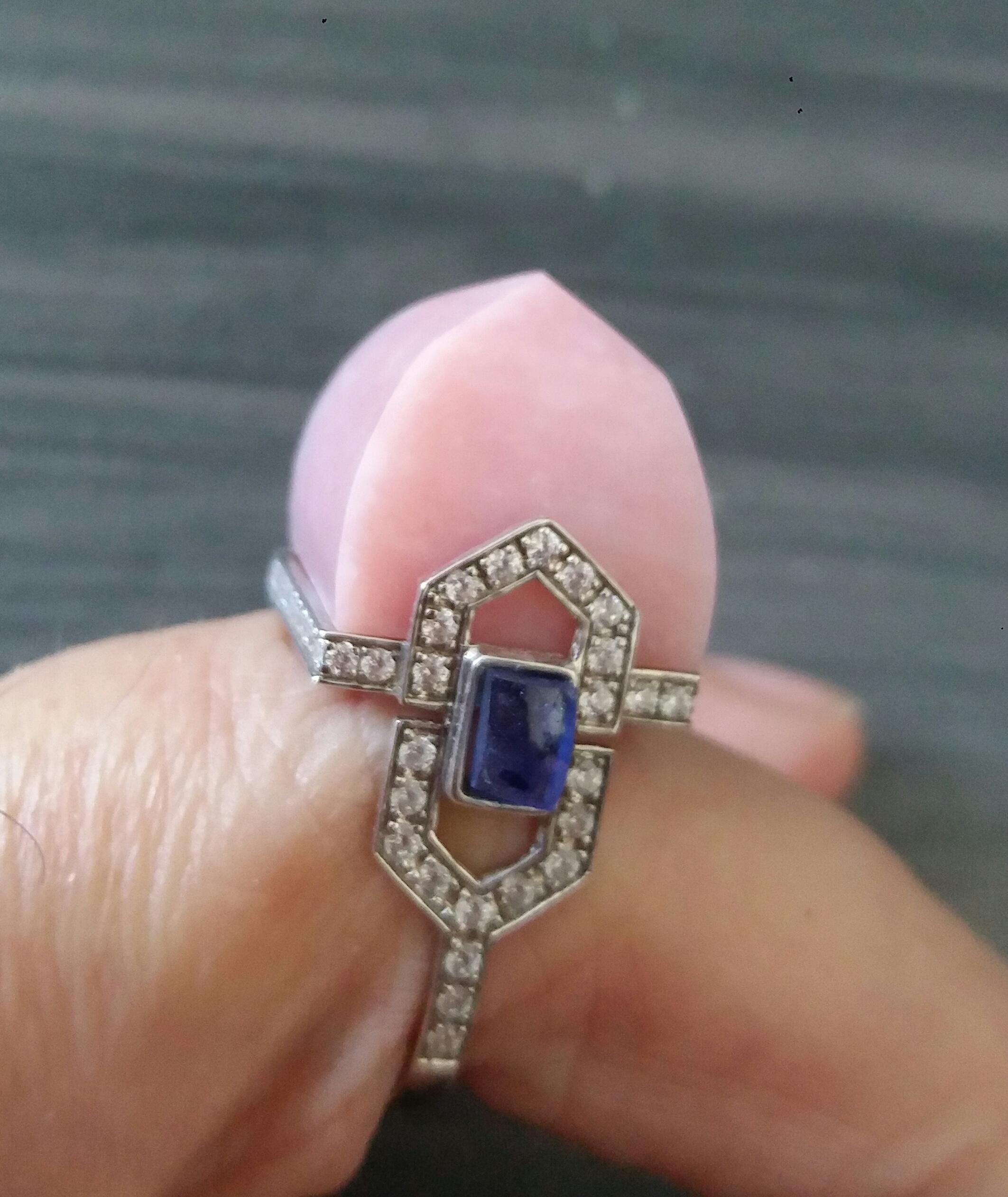 For Sale:  Art Deco Style 14k Gold Diamonds Blue Sapphires Pink Opal Pyramid Cocktail Ring 9