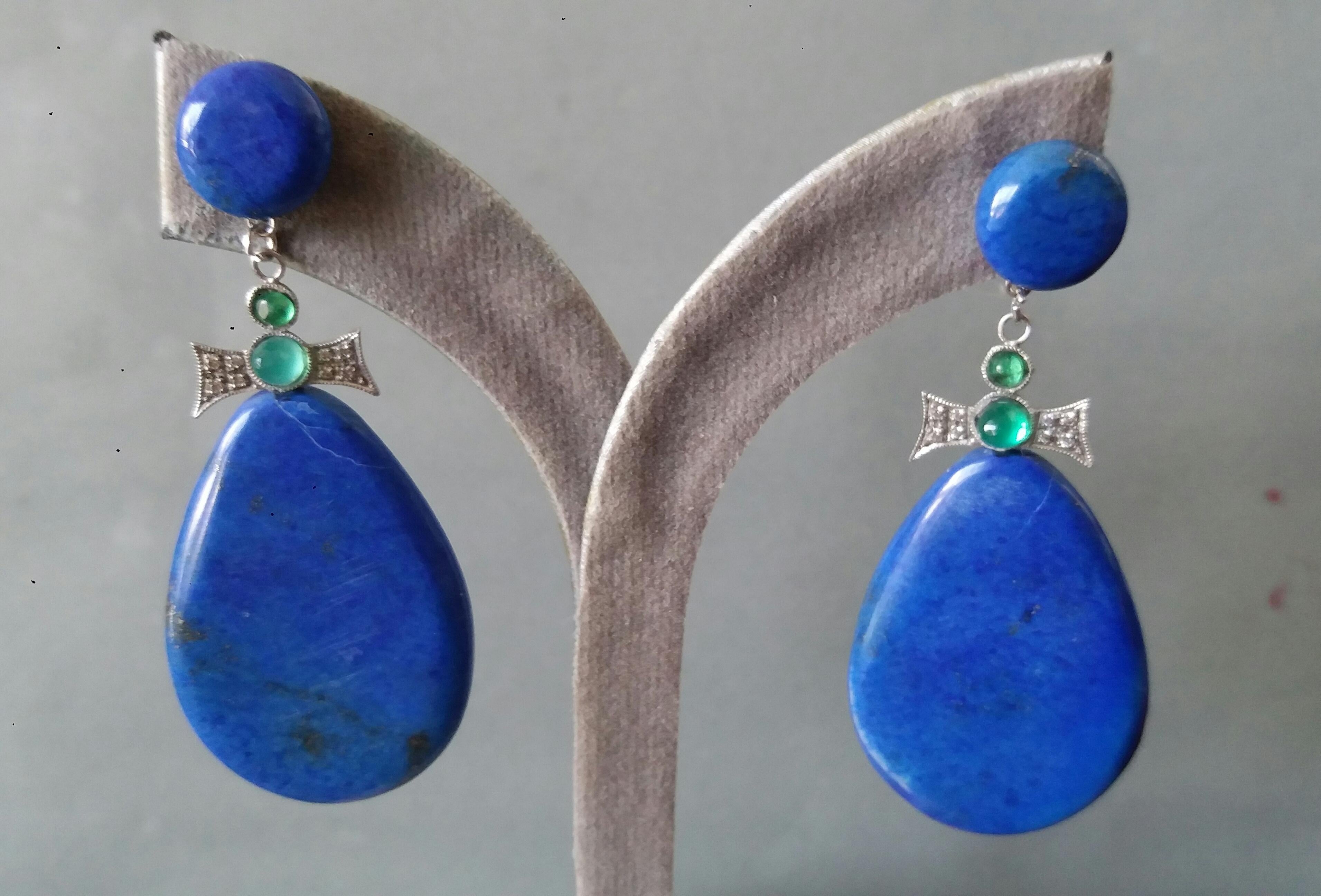 Art Deco Style 14K Gold Emerald Cabs Diamonds Natural Lapis Lazuli Drop Earrings For Sale 5