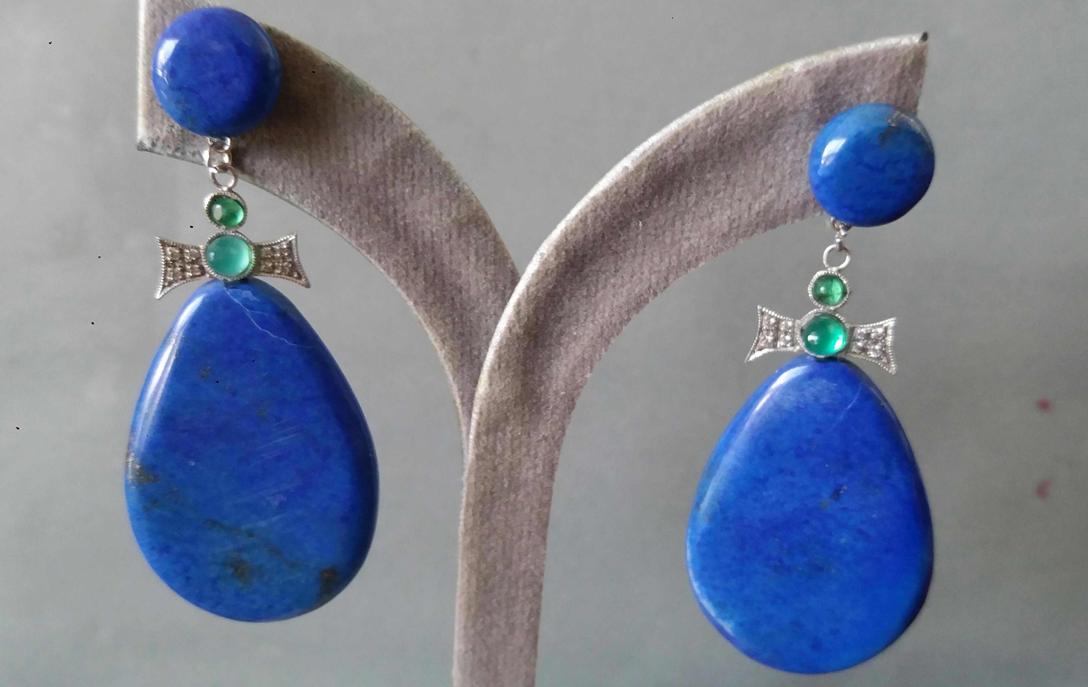 Art Deco Style 14K Gold Emerald Cabs Diamonds Natural Lapis Lazuli Drop Earrings For Sale 6