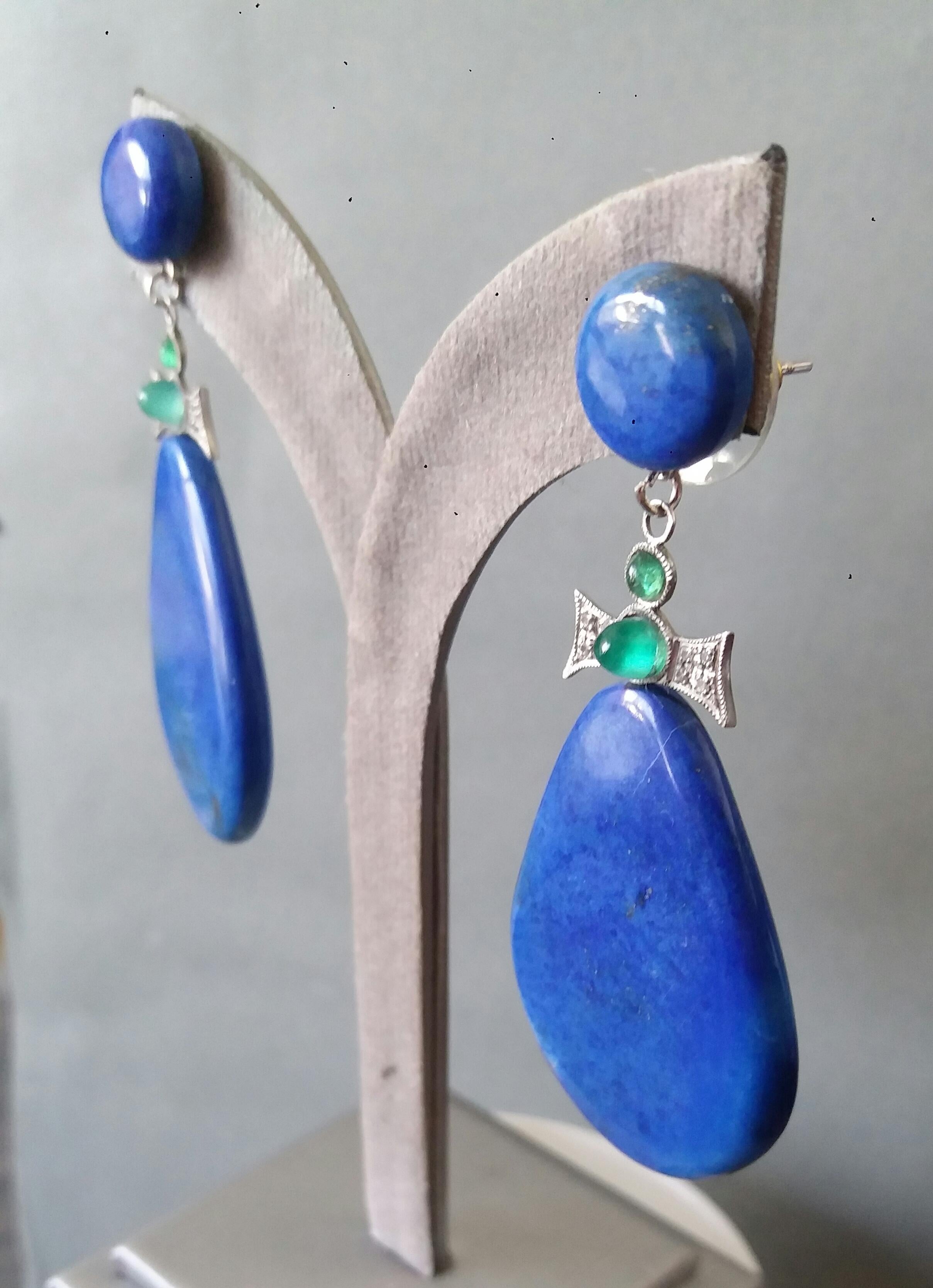 Art Deco Style 14K Gold Emerald Cabs Diamonds Natural Lapis Lazuli Drop Earrings For Sale 7