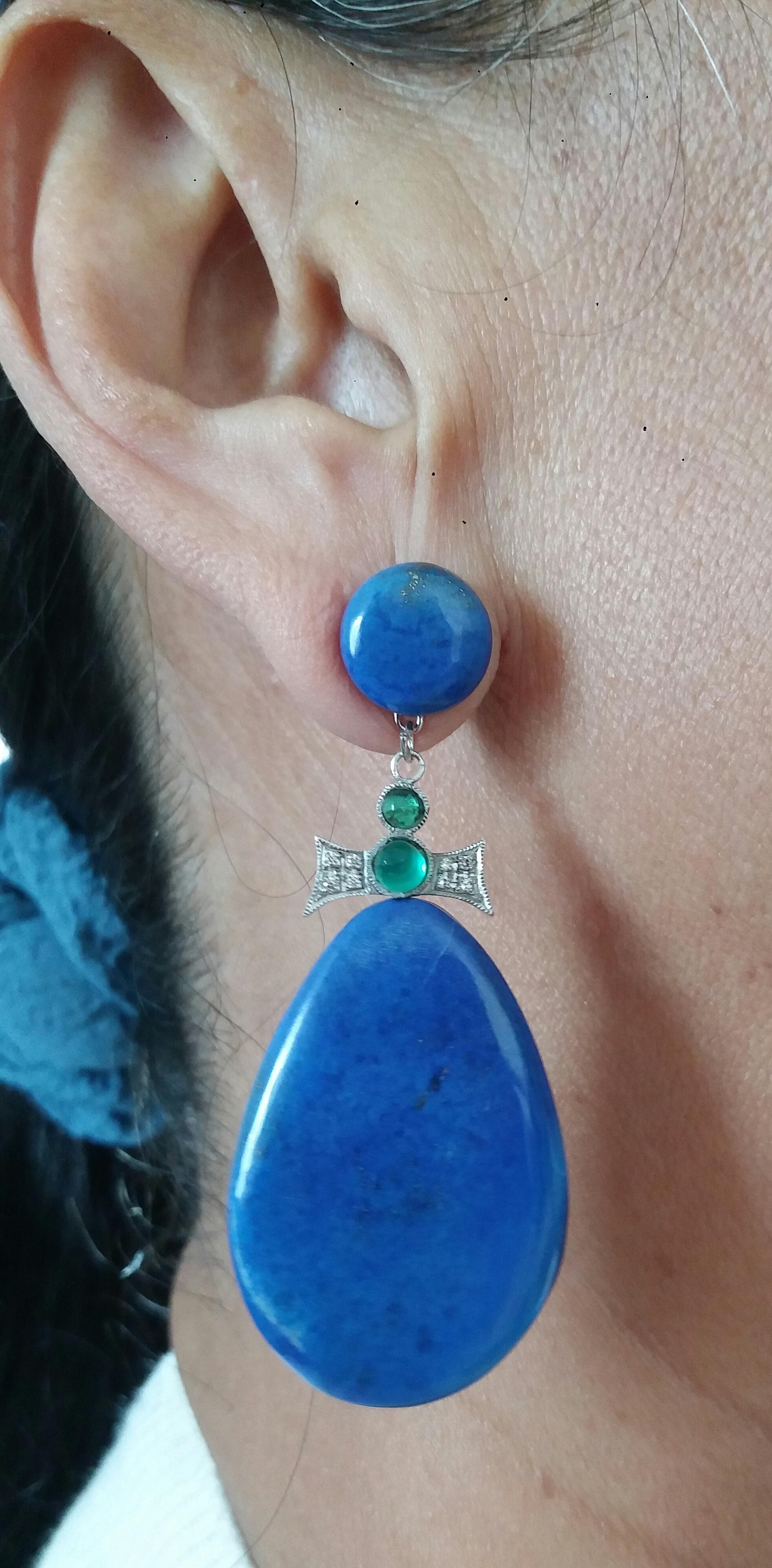 Art Deco Style 14K Gold Emerald Cabs Diamonds Natural Lapis Lazuli Drop Earrings For Sale 8