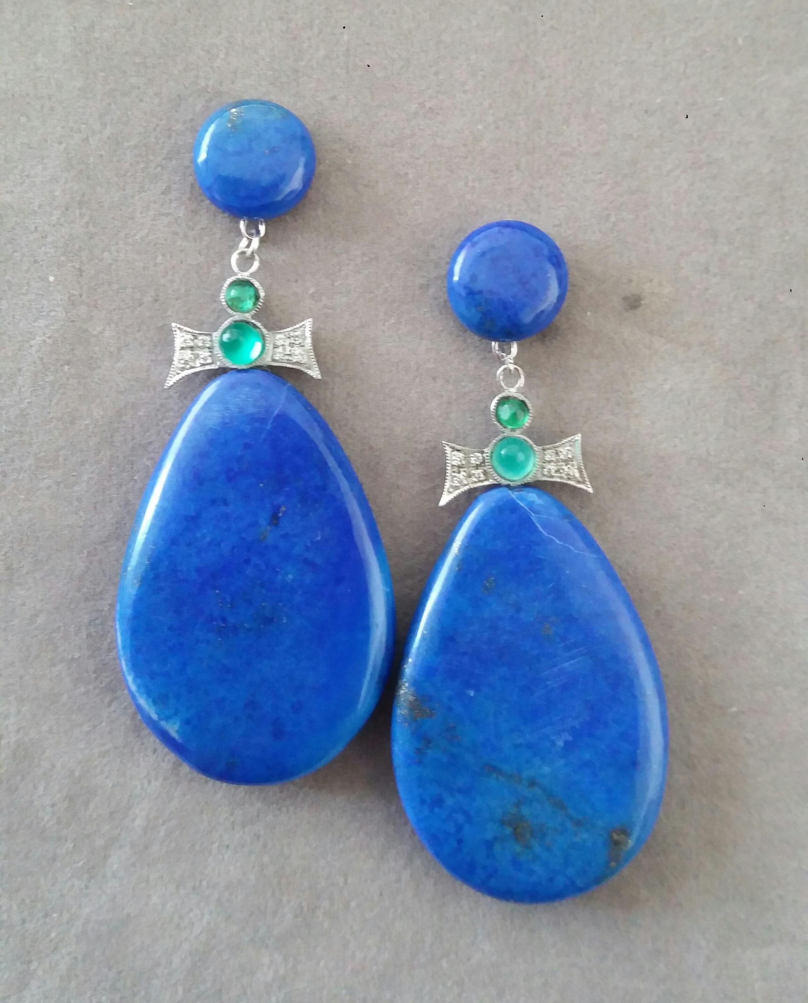 Mixed Cut Art Deco Style 14K Gold Emerald Cabs Diamonds Natural Lapis Lazuli Drop Earrings For Sale