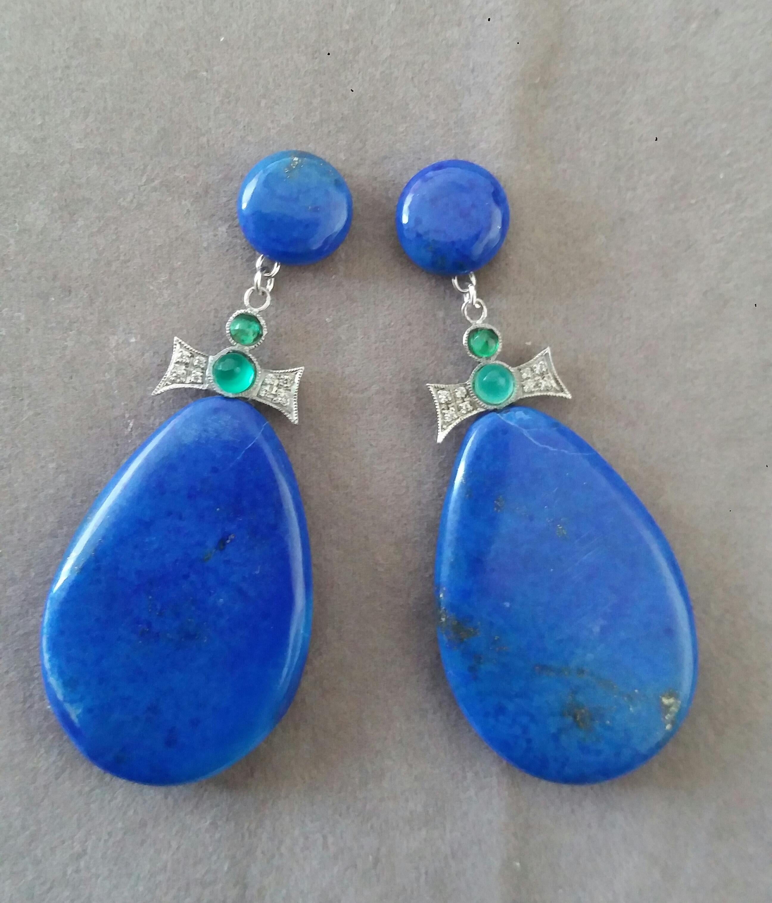 Art Deco Style 14K Gold Emerald Cabs Diamonds Natural Lapis Lazuli Drop Earrings In Excellent Condition For Sale In Bangkok, TH