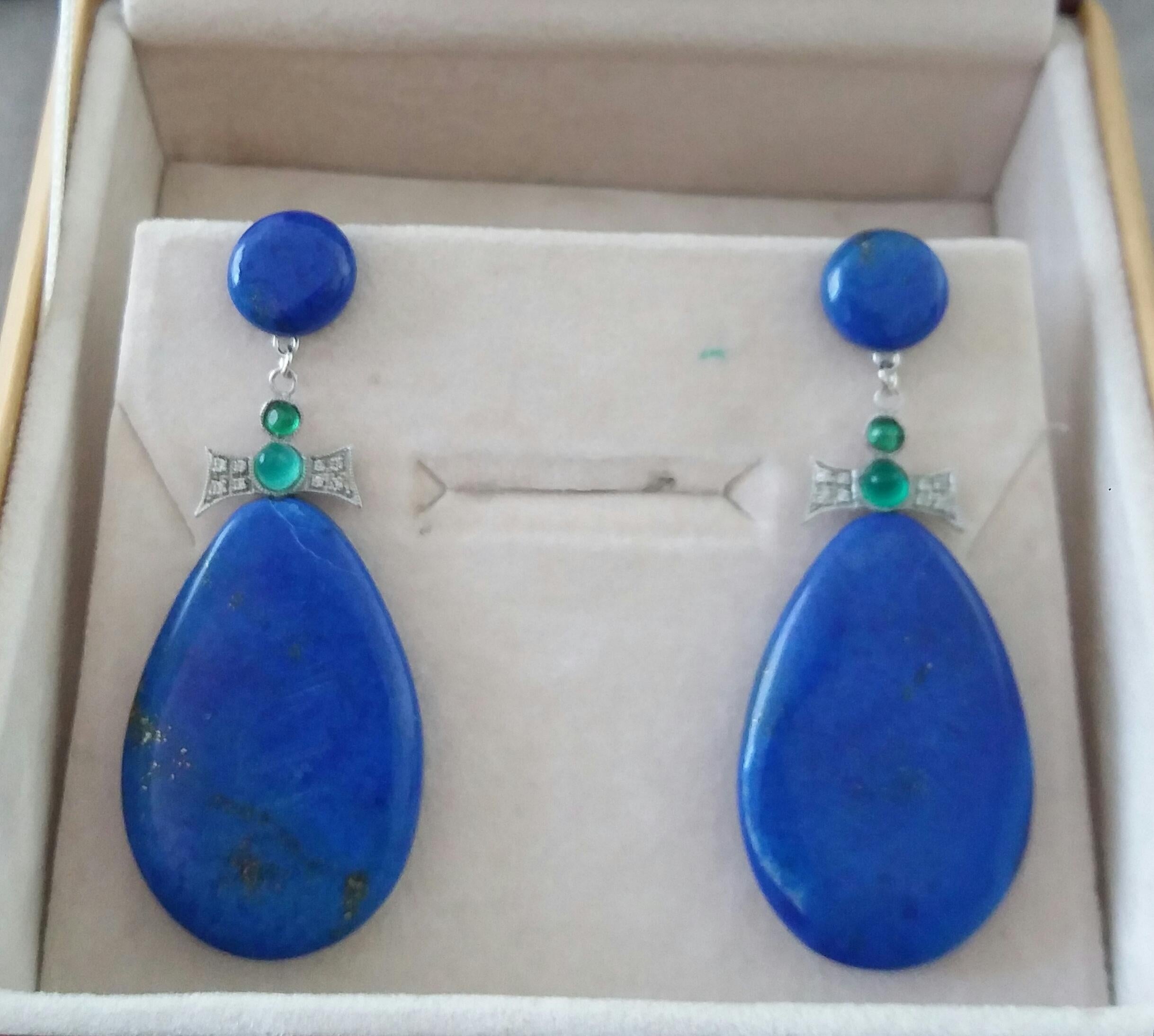 Art Deco Style 14K Gold Emerald Cabs Diamonds Natural Lapis Lazuli Drop Earrings For Sale 3