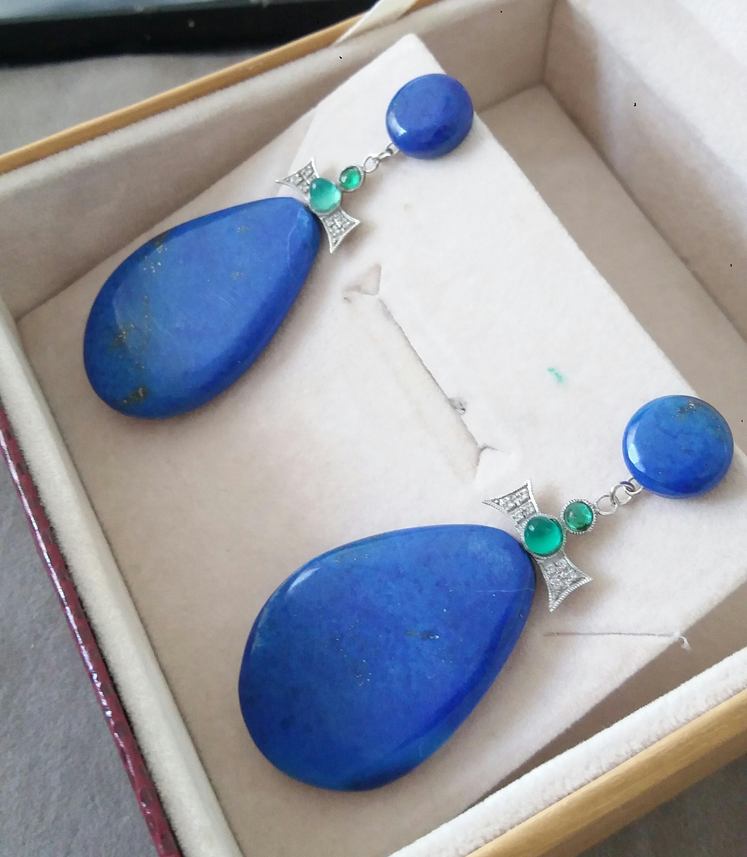 Art Deco Style 14K Gold Emerald Cabs Diamonds Natural Lapis Lazuli Drop Earrings For Sale 4