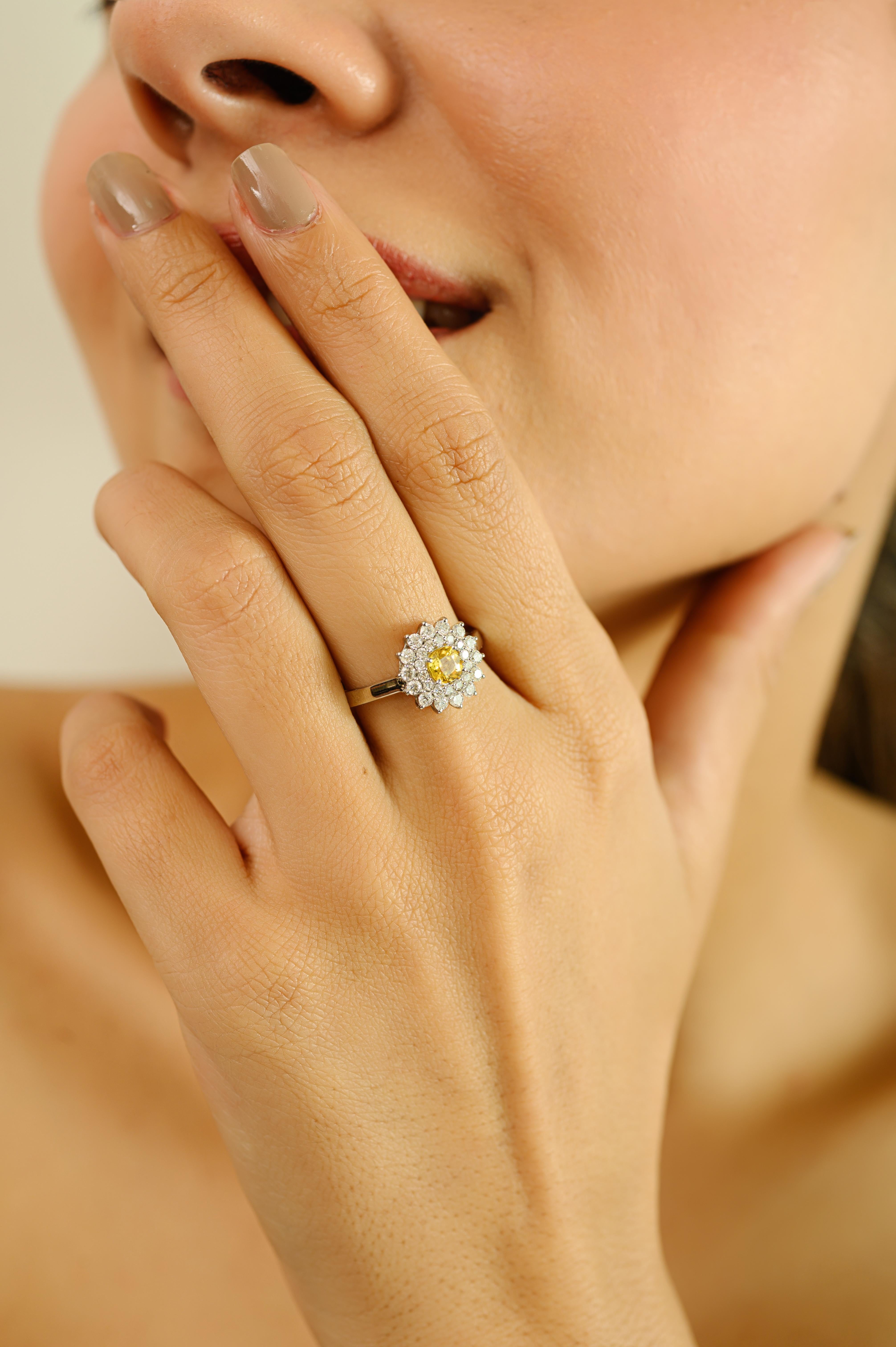 in vendita:  Art Deco Style 14k Gold Flower Ring with Natural Yellow Sapphire Diamond Petals 4