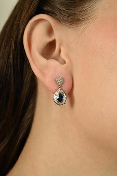 VR Jewels 1.46Ct Blue Sapphire & Diamonds Halo Drop Earrings in 14K White Gold