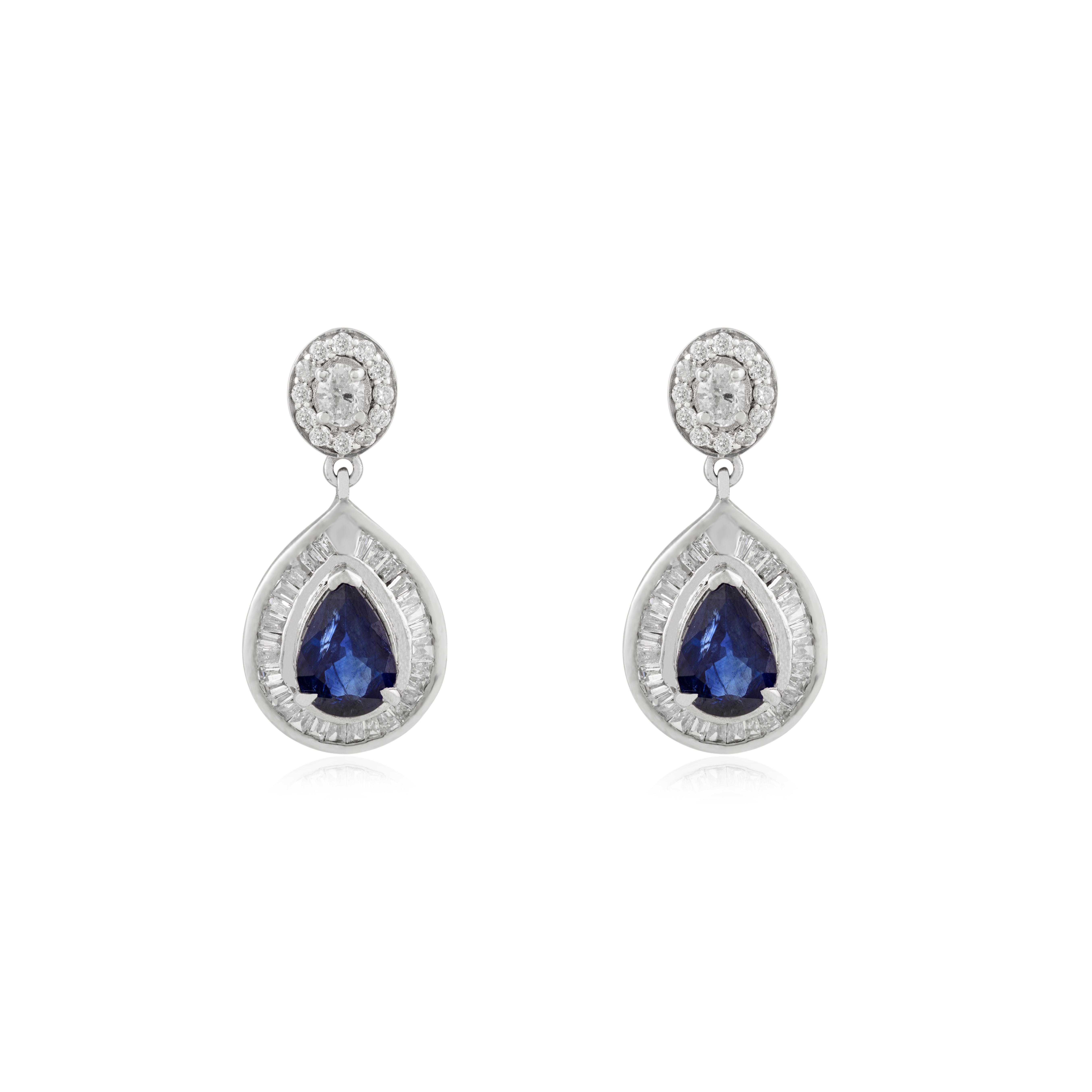 Art Déco Orecchini a goccia a raggiera in oro 14K in stile Art Deco con zaffiro blu e diamanti da 1,46 carati in vendita