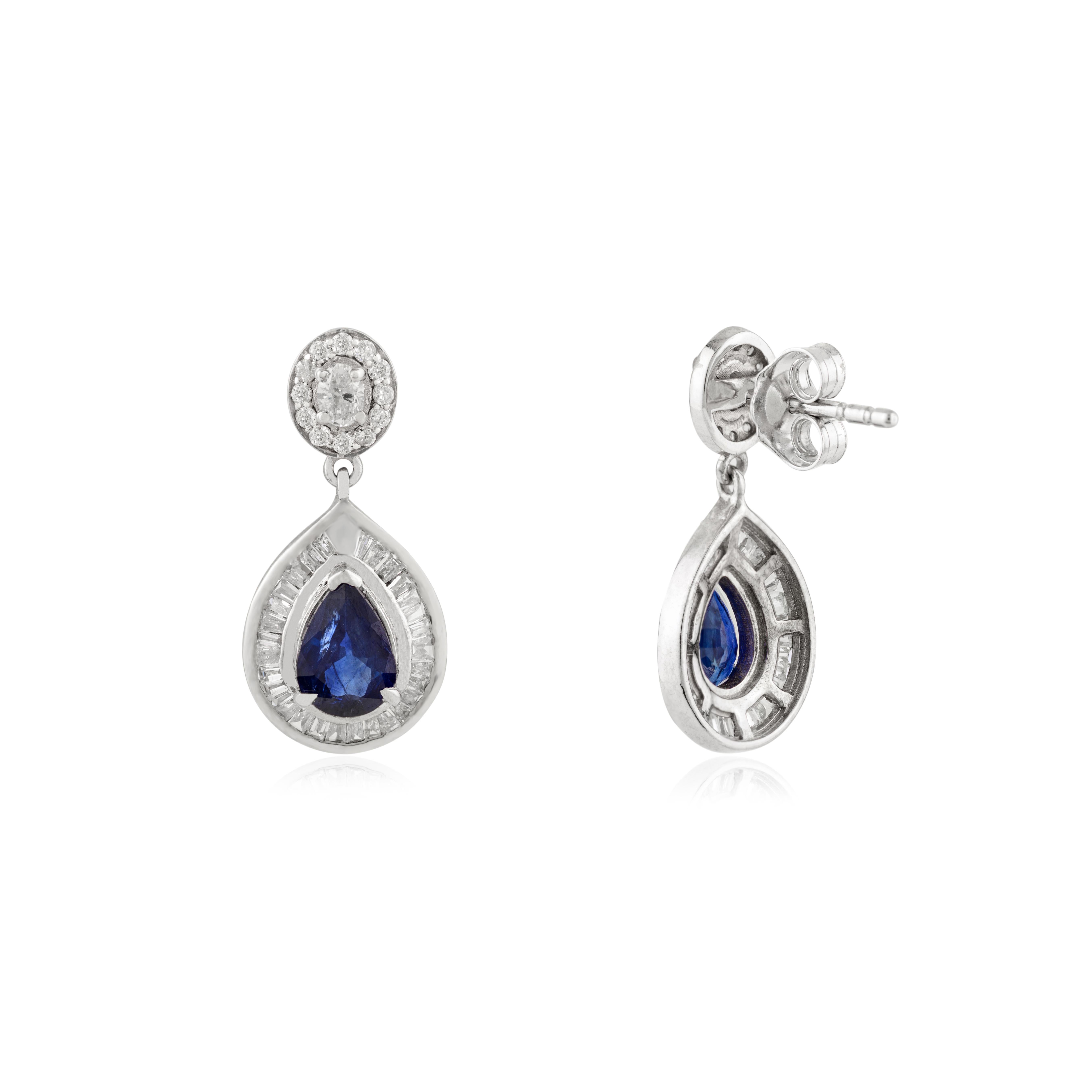 Orecchini a goccia a raggiera in oro 14K in stile Art Deco con zaffiro blu e diamanti da 1,46 carati in vendita 1