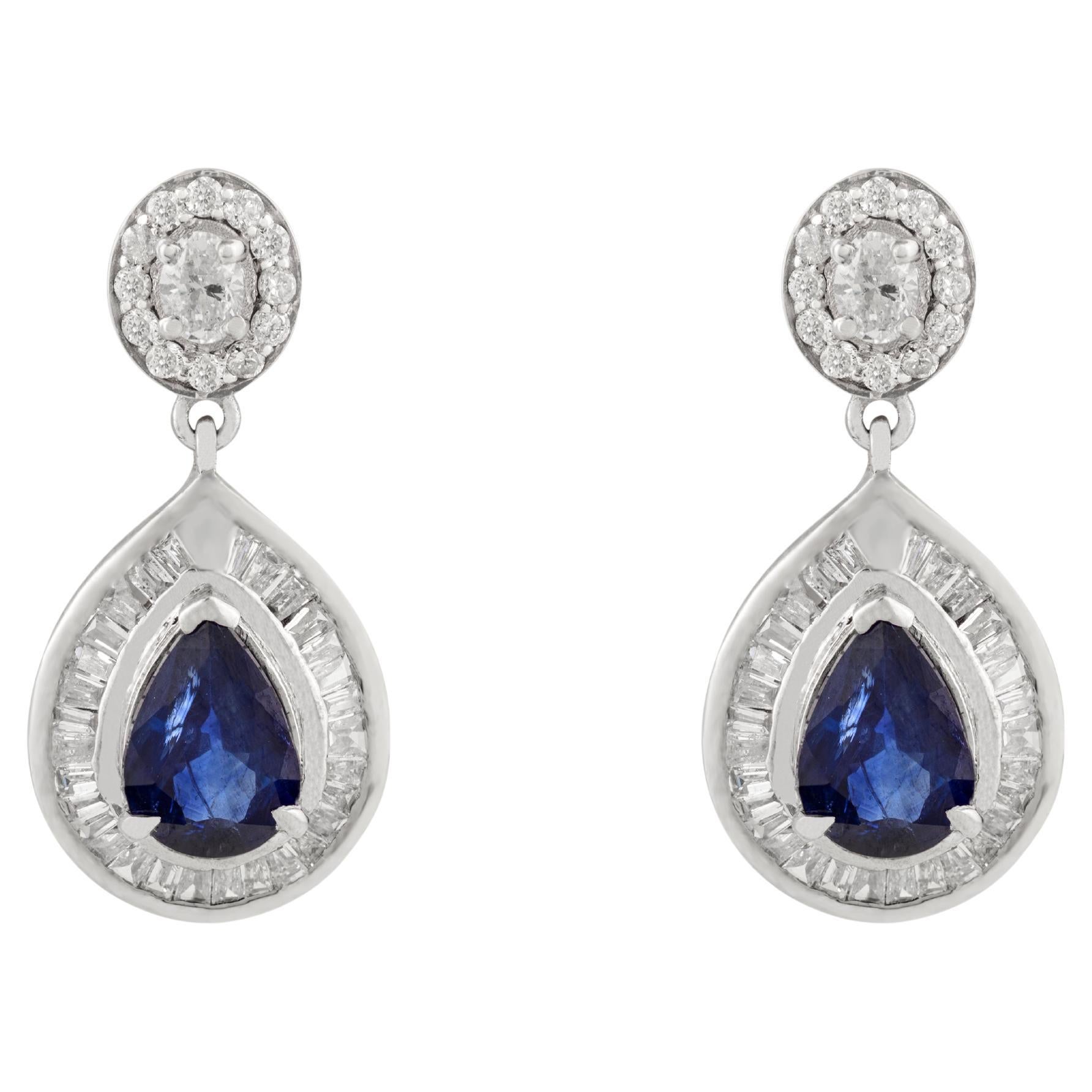 Orecchini a goccia a raggiera in oro 14K in stile Art Deco con zaffiro blu e diamanti da 1,46 carati