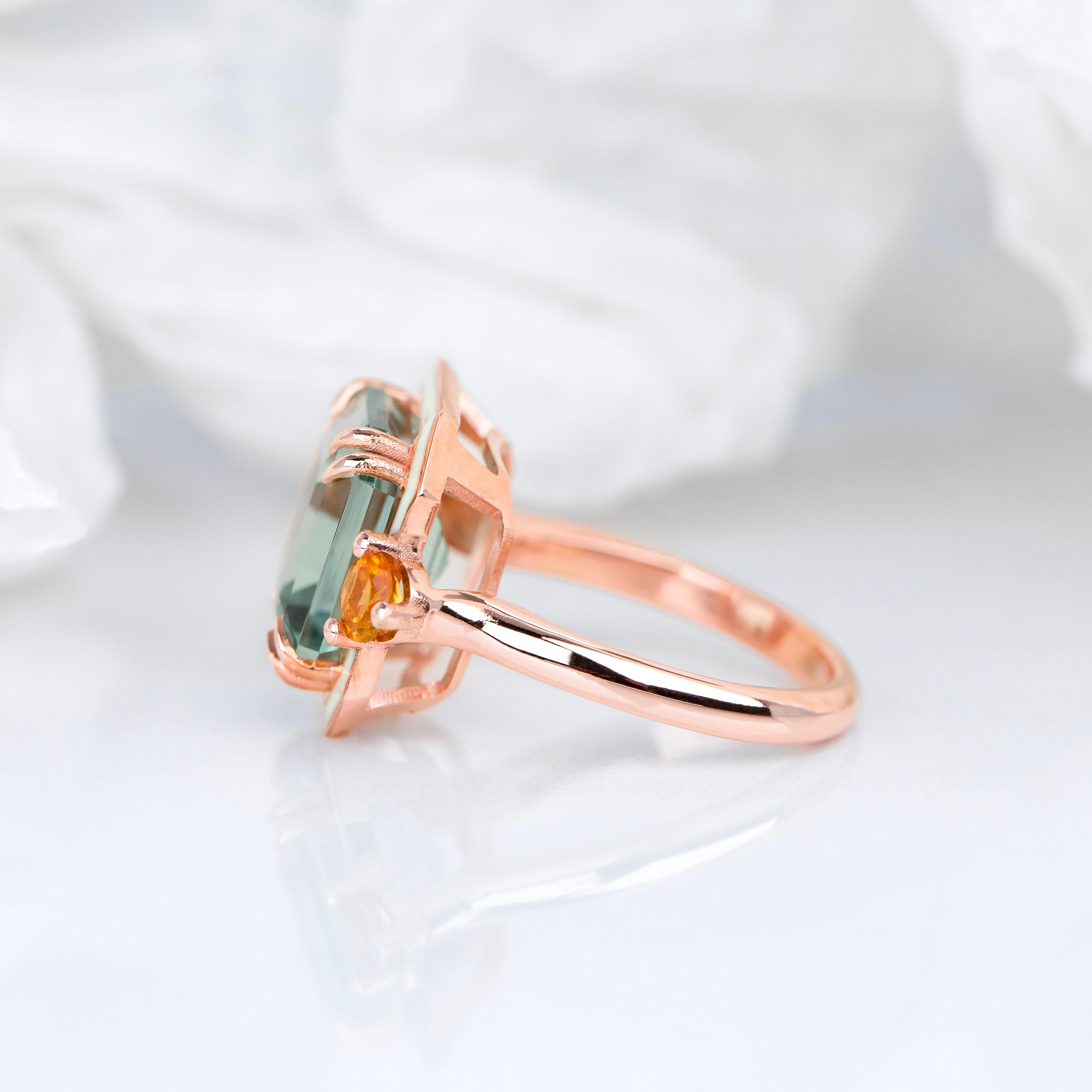 Emerald Cut Cocktail Ring, Art Deco Ring, 14k Gold Vintage Ring, Green Amethyst and Citrine For Sale