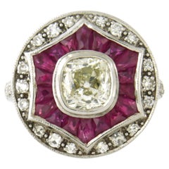 ART DECO STYLE 14k gold ring with ruby, old mine cut and silngle cut diamonds