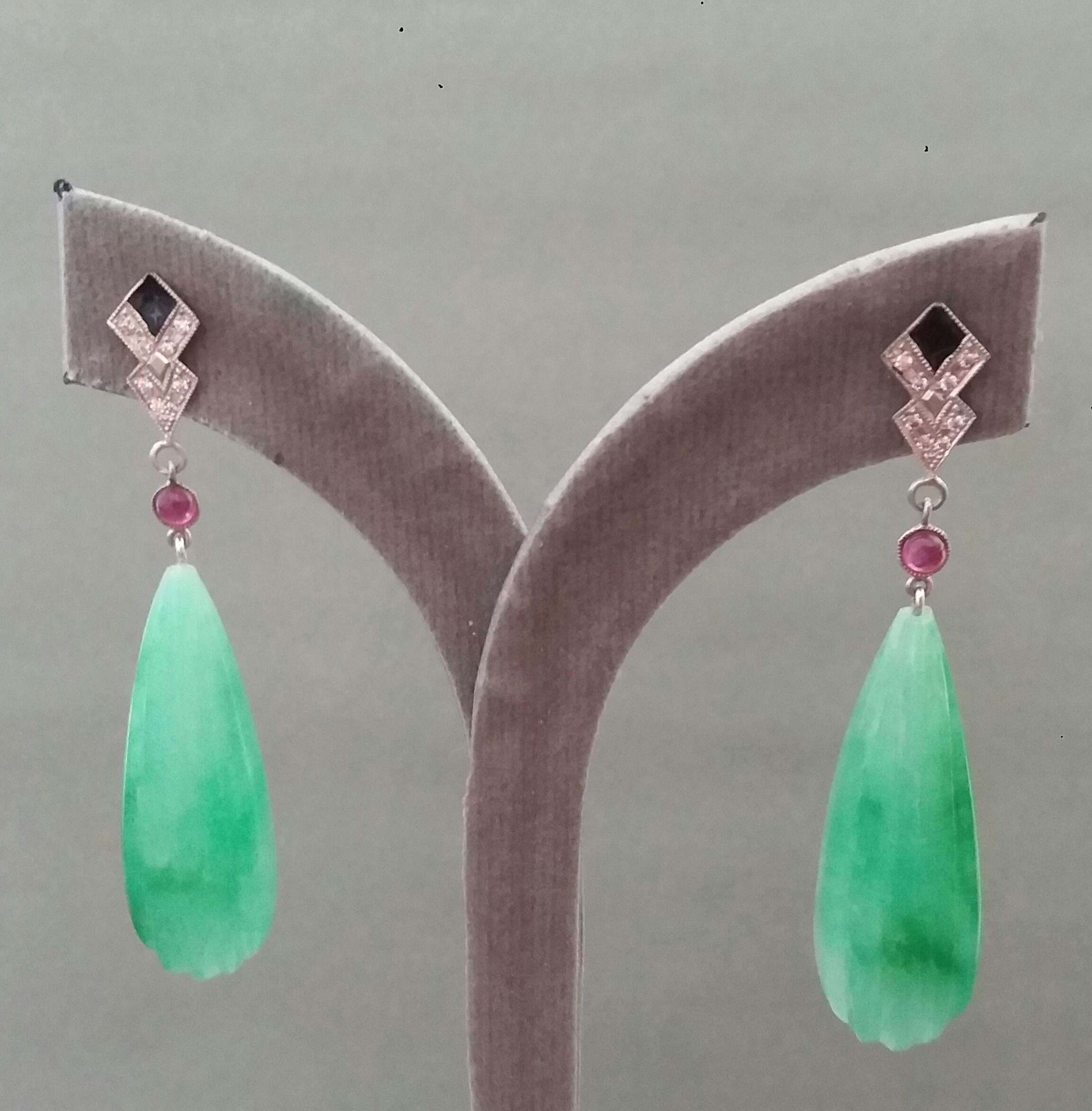 Art Deco Style 14k Gold Rubies Diamonds Black Enamel Carved Jade Dangle Earrings For Sale 4