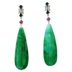 Art Deco Style 14k Gold Rubies Diamonds Black Enamel Carved Jade Dangle Earrings