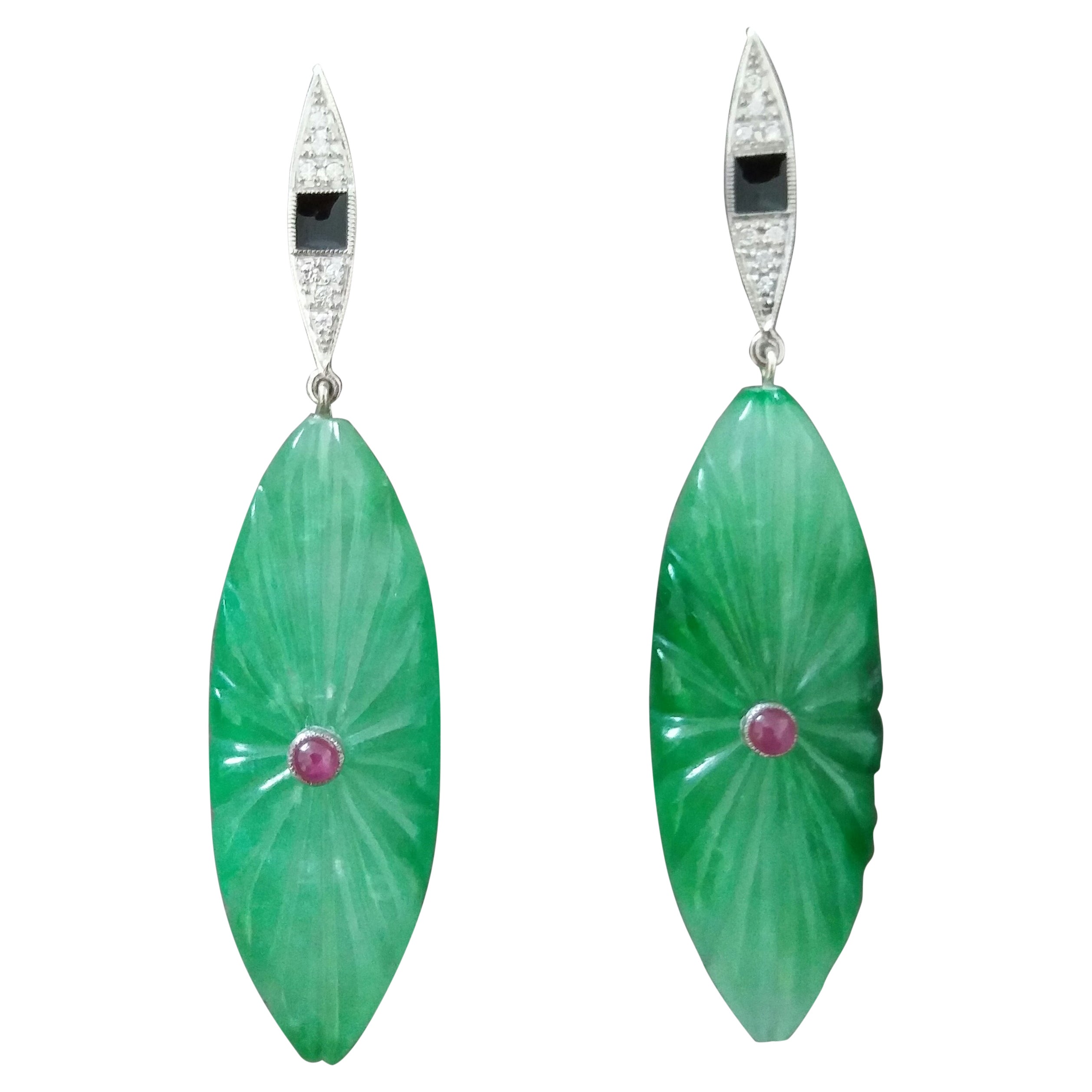 Art Deco Style 14k Gold Rubies Diamonds Black Enamel Carved Jade Dangle Earrings