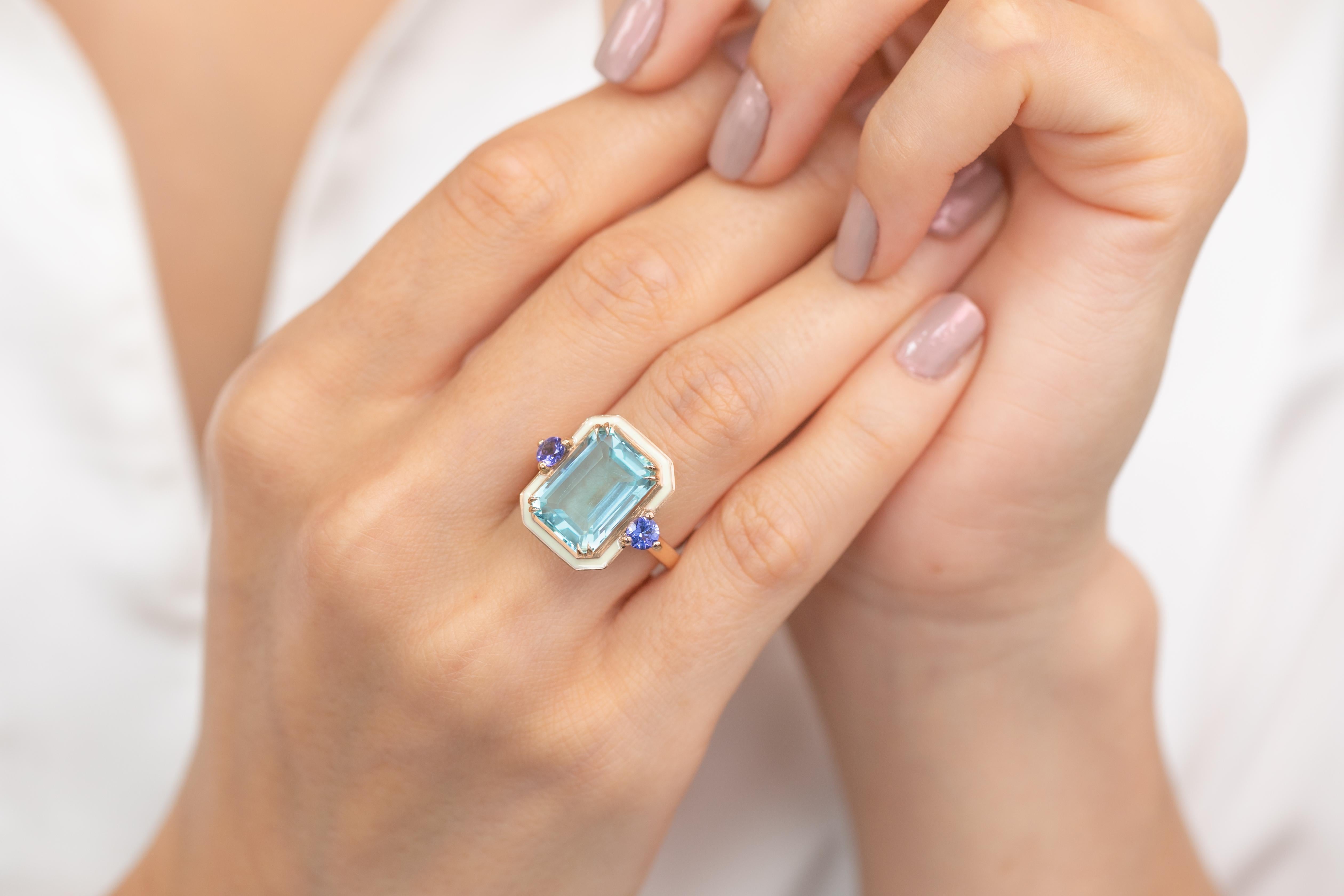 For Sale:  Art Deco Style 14k Rose Gold Ring 6.13ct Sky Topaz and 0.40ct Ceylon Sapphire 10