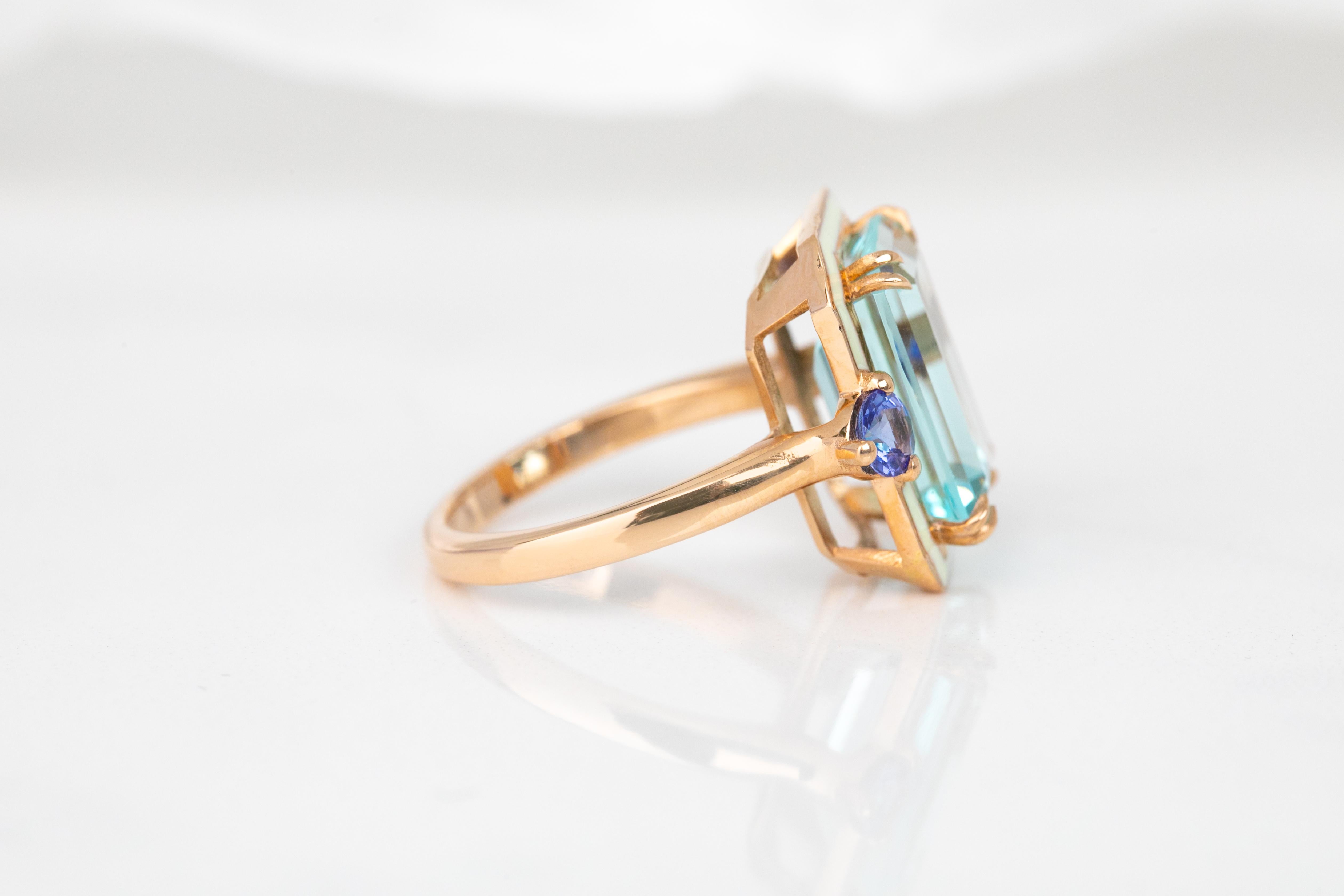 For Sale:  Art Deco Style 14k Rose Gold Ring 6.13ct Sky Topaz and 0.40ct Ceylon Sapphire 17