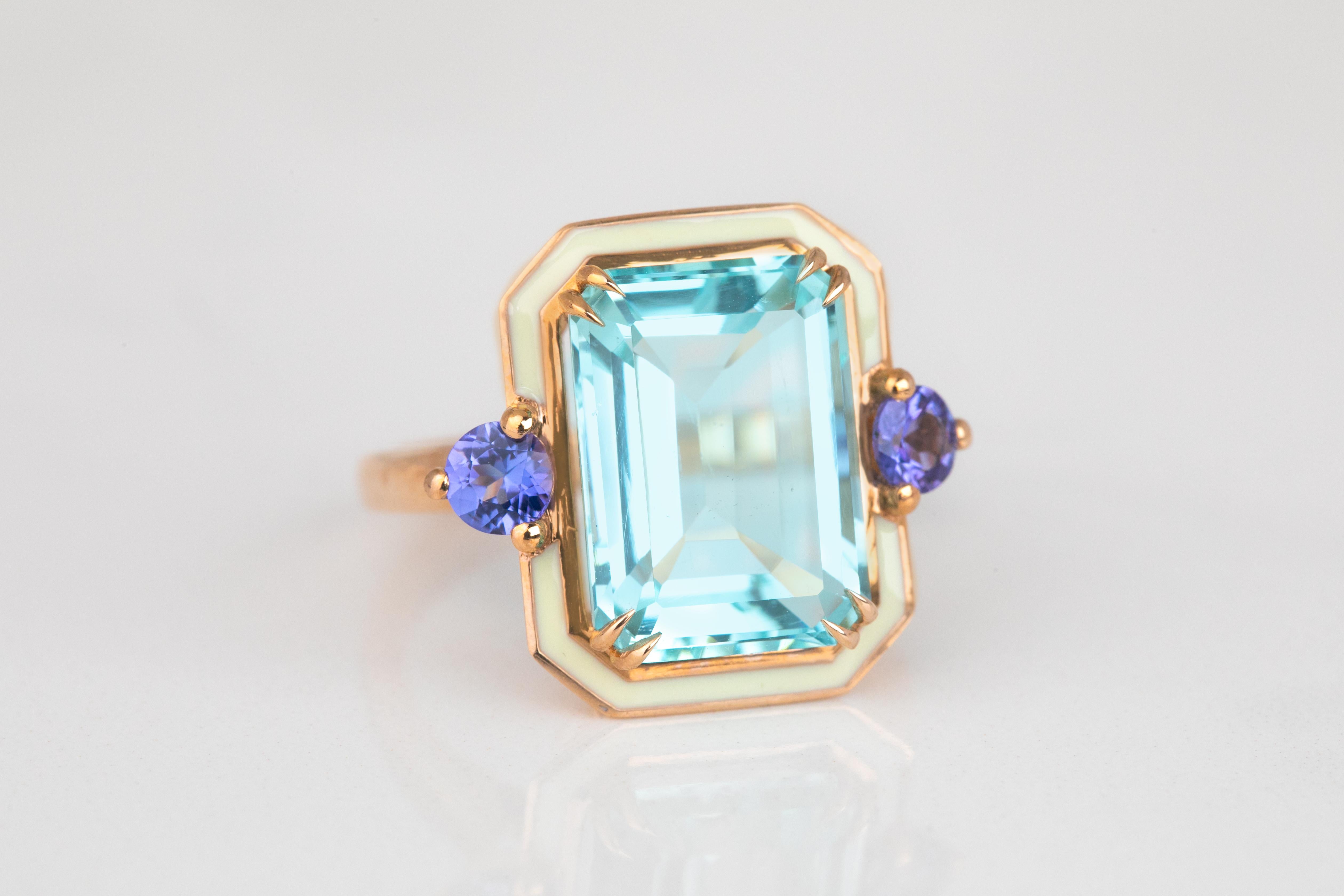 For Sale:  Art Deco Style 14k Rose Gold Ring 6.13ct Sky Topaz and 0.40ct Ceylon Sapphire 2