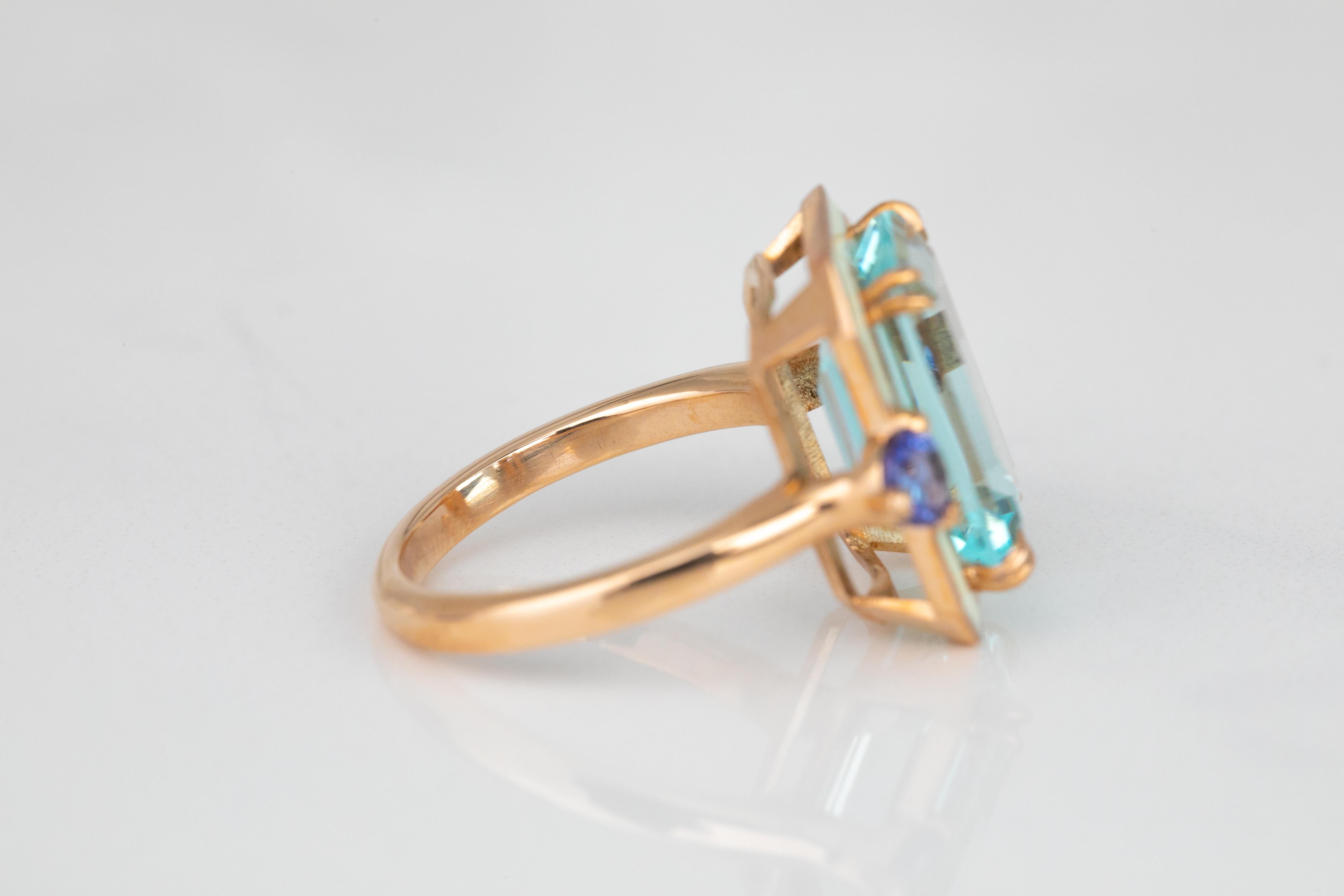 For Sale:  Art Deco Style 14k Rose Gold Ring 6.13ct Sky Topaz and 0.40ct Ceylon Sapphire 3