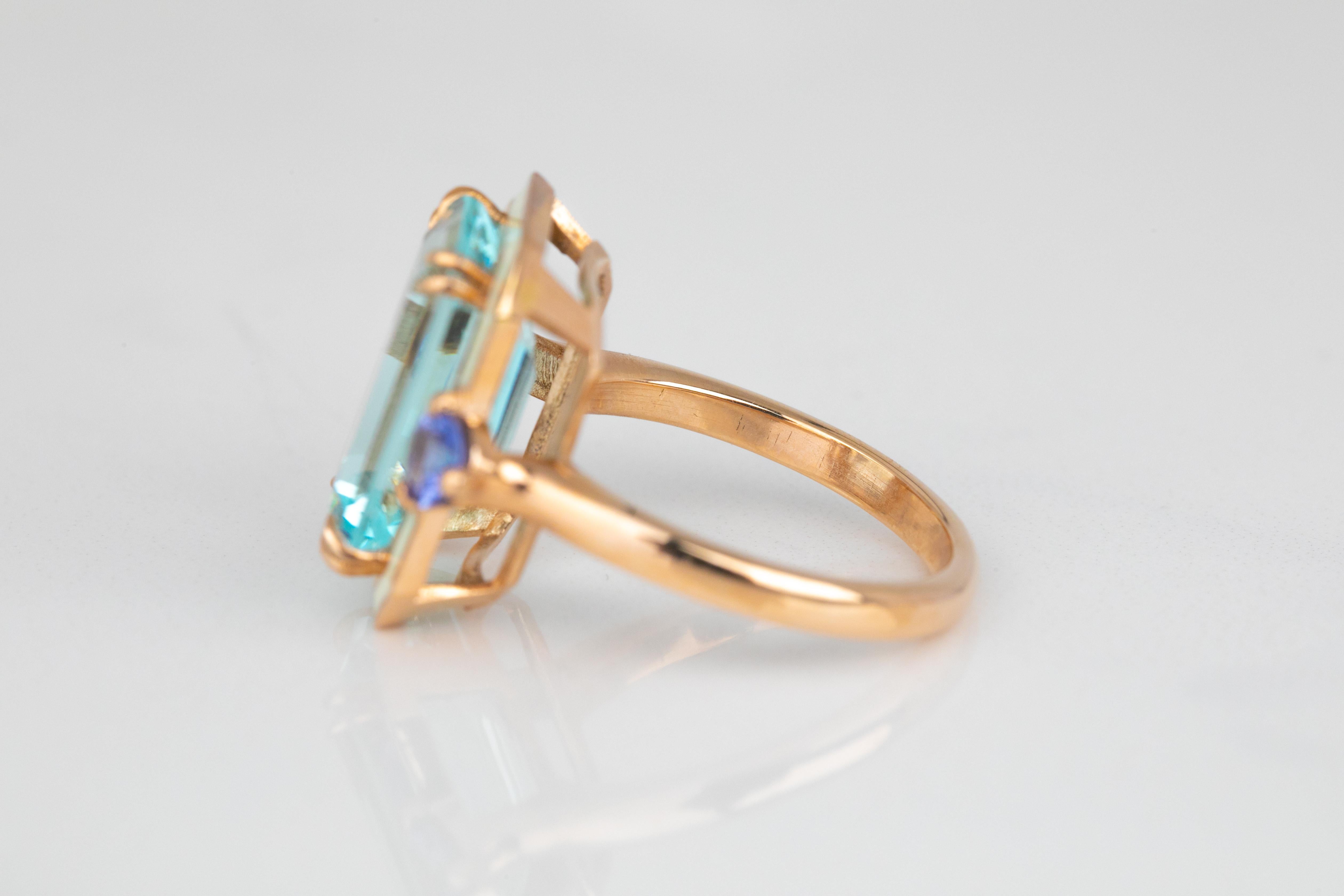 For Sale:  Art Deco Style 14k Rose Gold Ring 6.13ct Sky Topaz and 0.40ct Ceylon Sapphire 5