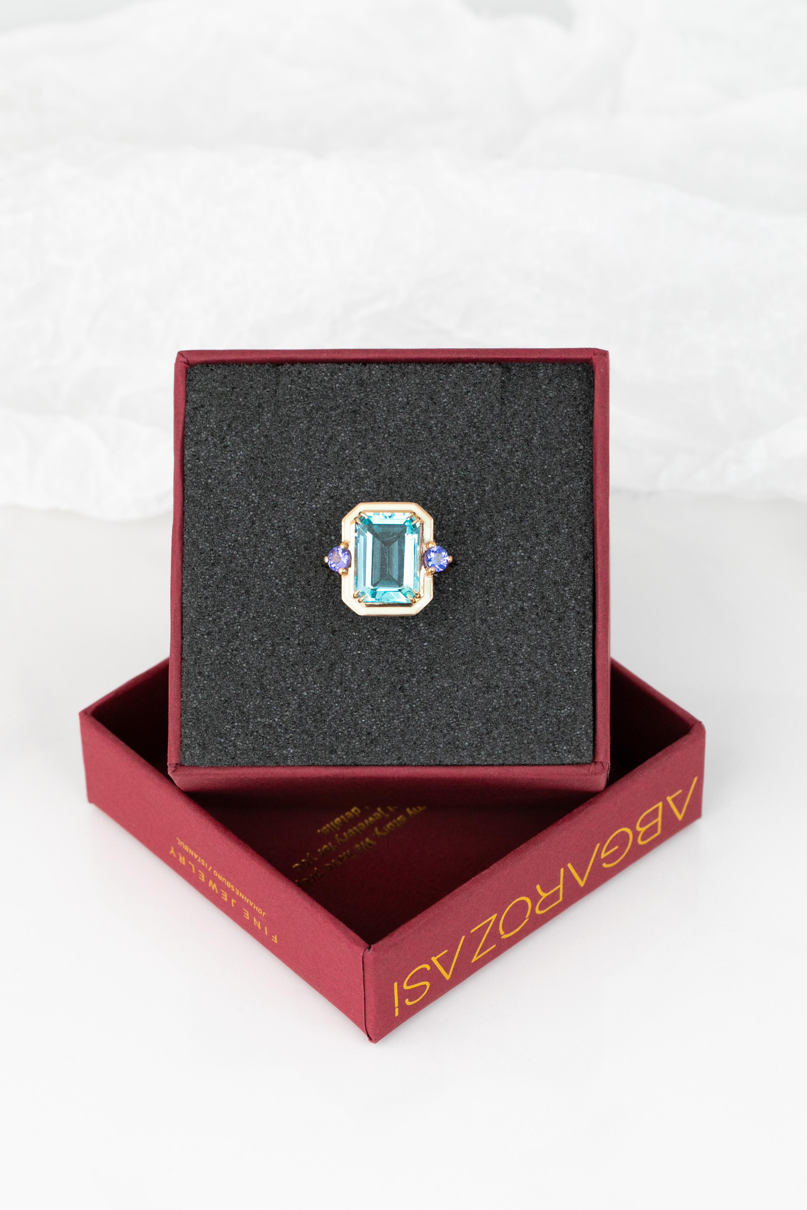 For Sale:  Art Deco Style 14k Rose Gold Ring 6.13ct Sky Topaz and 0.40ct Ceylon Sapphire 6