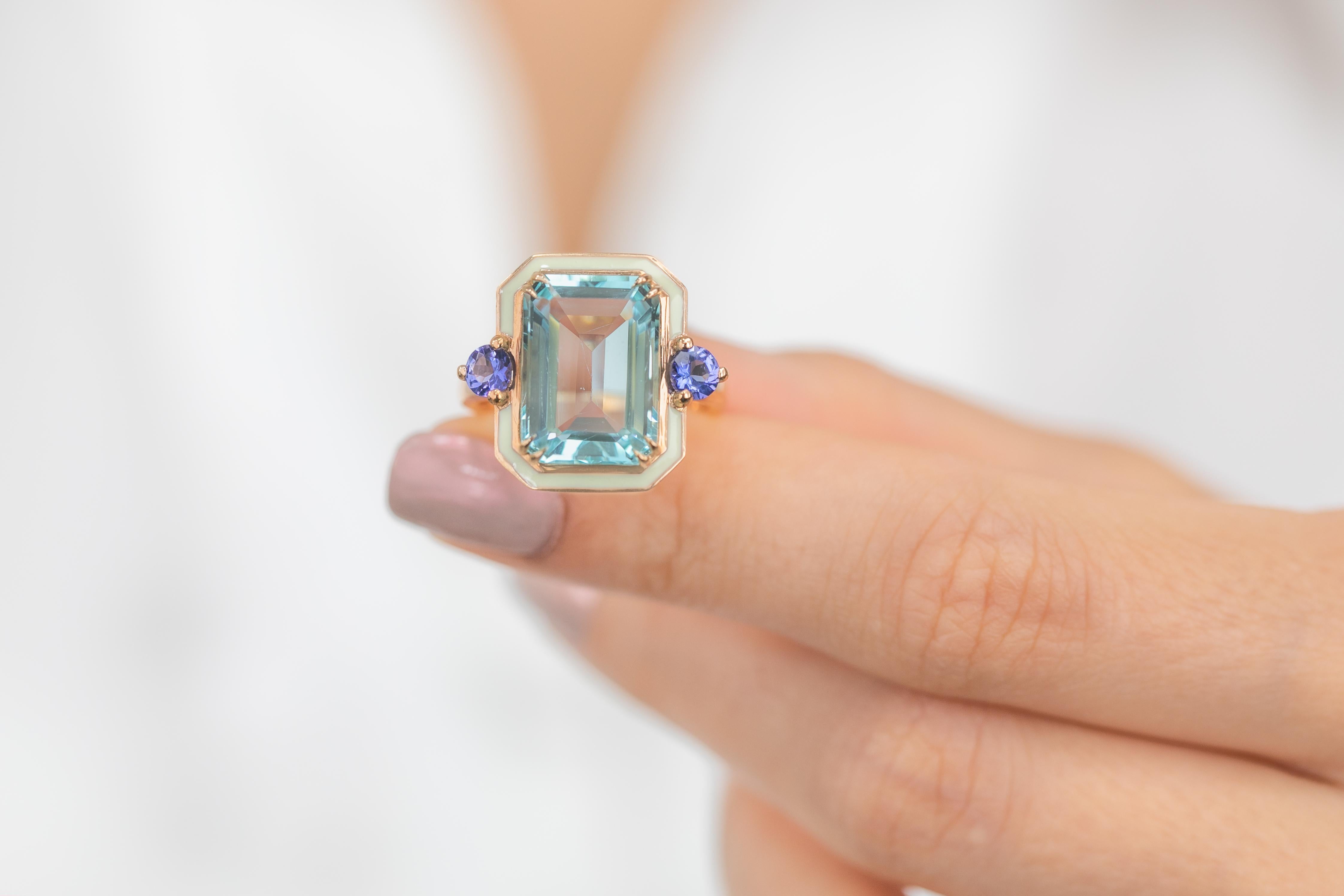 For Sale:  Art Deco Style 14k Rose Gold Ring 6.13ct Sky Topaz and 0.40ct Ceylon Sapphire 8