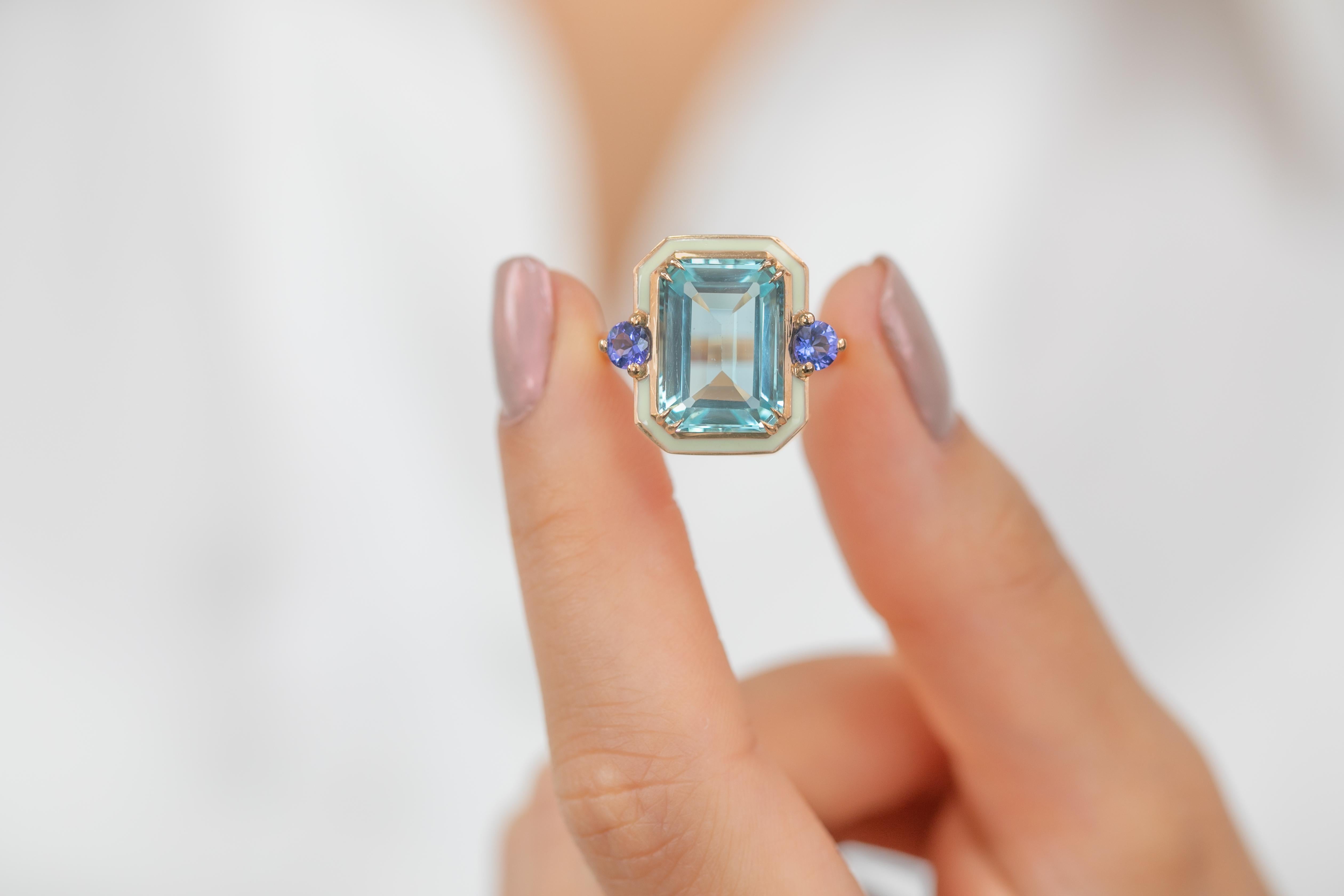 For Sale:  Art Deco Style 14k Rose Gold Ring 6.13ct Sky Topaz and 0.40ct Ceylon Sapphire 9
