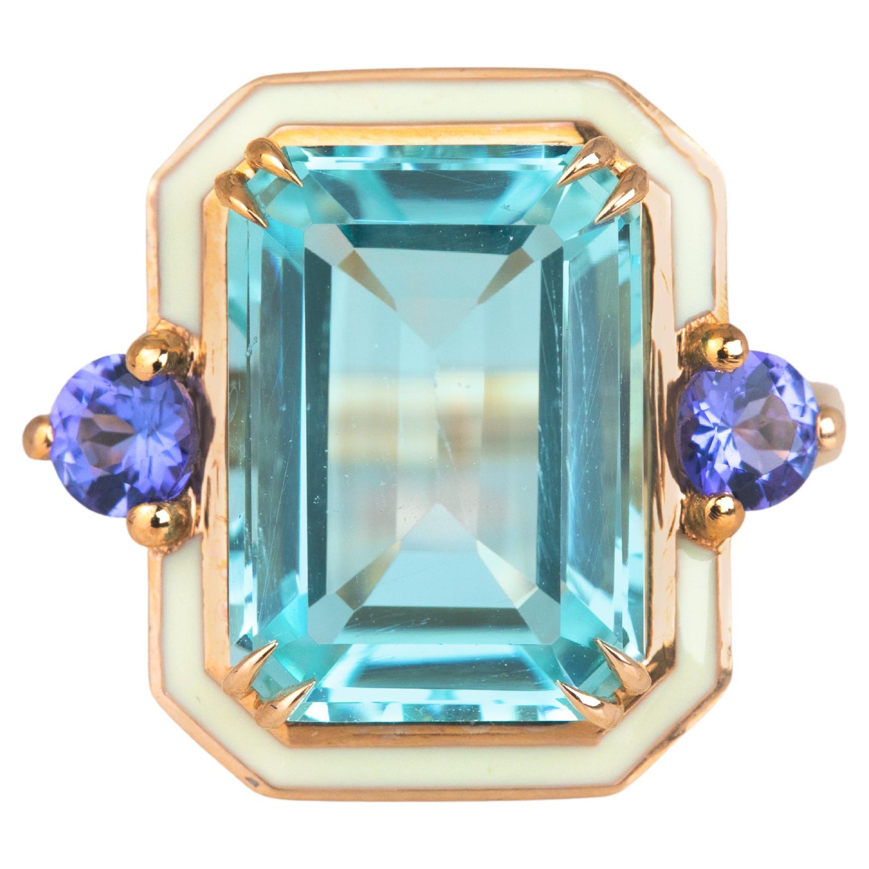 For Sale:  Art Deco Style 14k Rose Gold Ring 6.13ct Sky Topaz and 0.40ct Ceylon Sapphire
