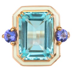 Art Deco Style 14k Rose Gold Ring 6.13ct Sky Topaz and 0.40ct Ceylon Sapphire