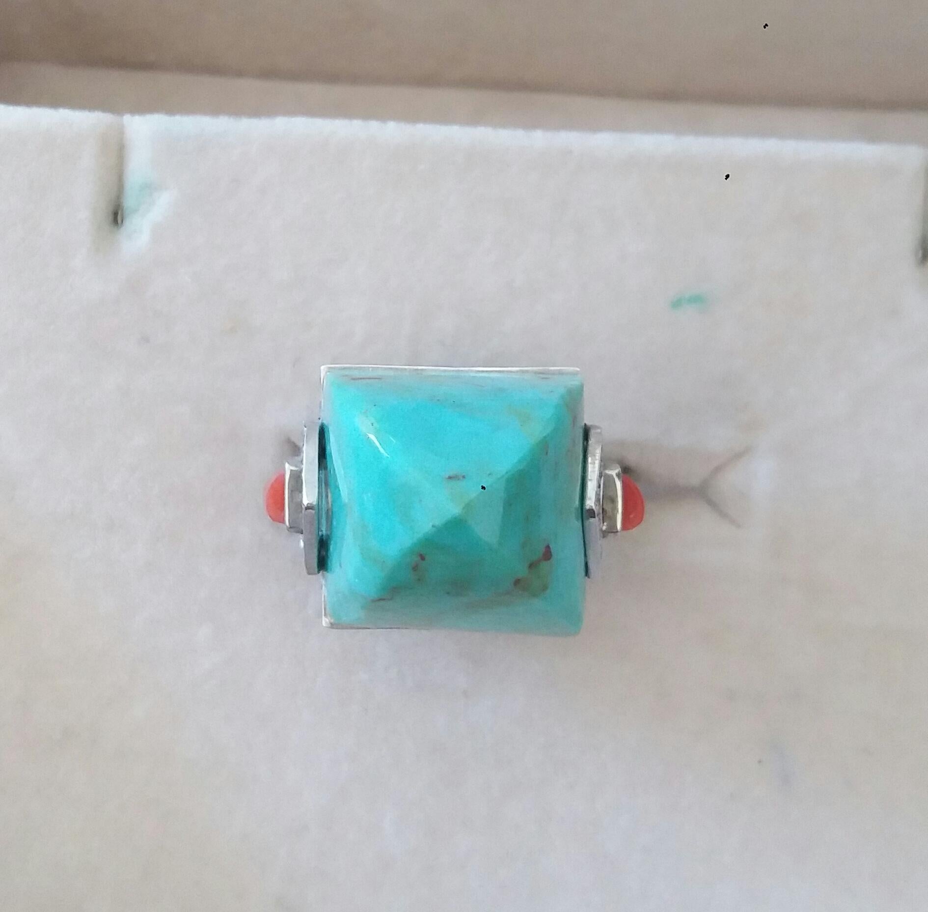 Art Deco Style 14K Solid Gold Diamonds 22 Carat Turquoise Pyramid Cocktail Ring For Sale 8