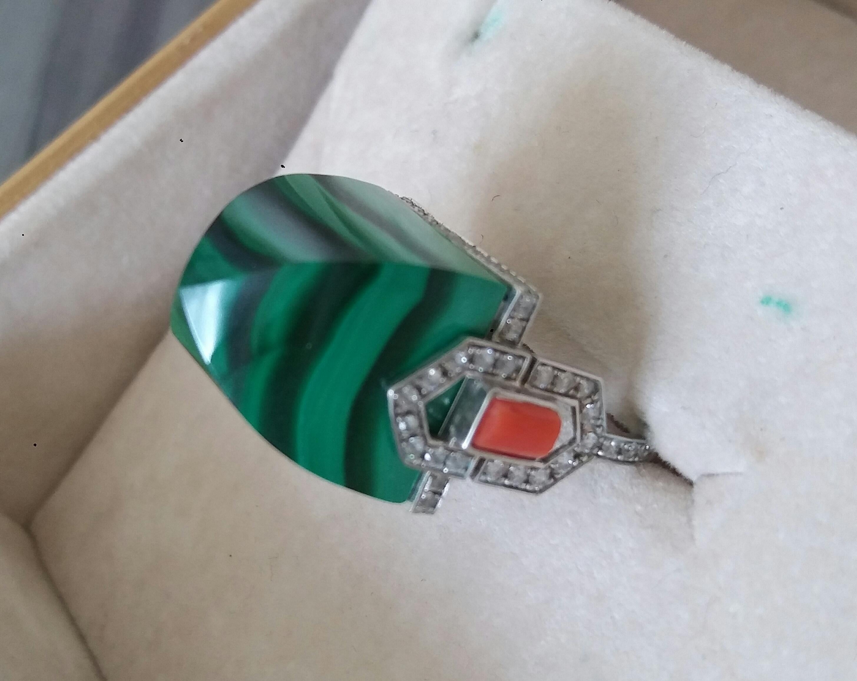 Art Deco Style 50 Carat Malachite Pyramid 14K Solid Gold Diamonds Cocktail Ring For Sale 9