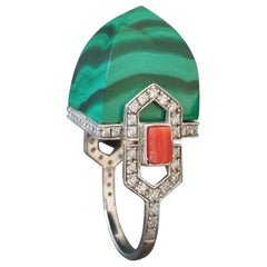Malachite Art Deco Pyramid Style 14K Solid Gold Diamonds Cocktail Ring
