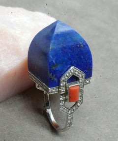 Art Deco Style Genuine LapisLazuli Pyramid 14K Solid Gold Diamonds Cocktail Ring