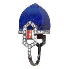 Art Deco Style 14K Solid Gold Diamonds Genuine LapisLazuli Pyramid Cocktail Ring