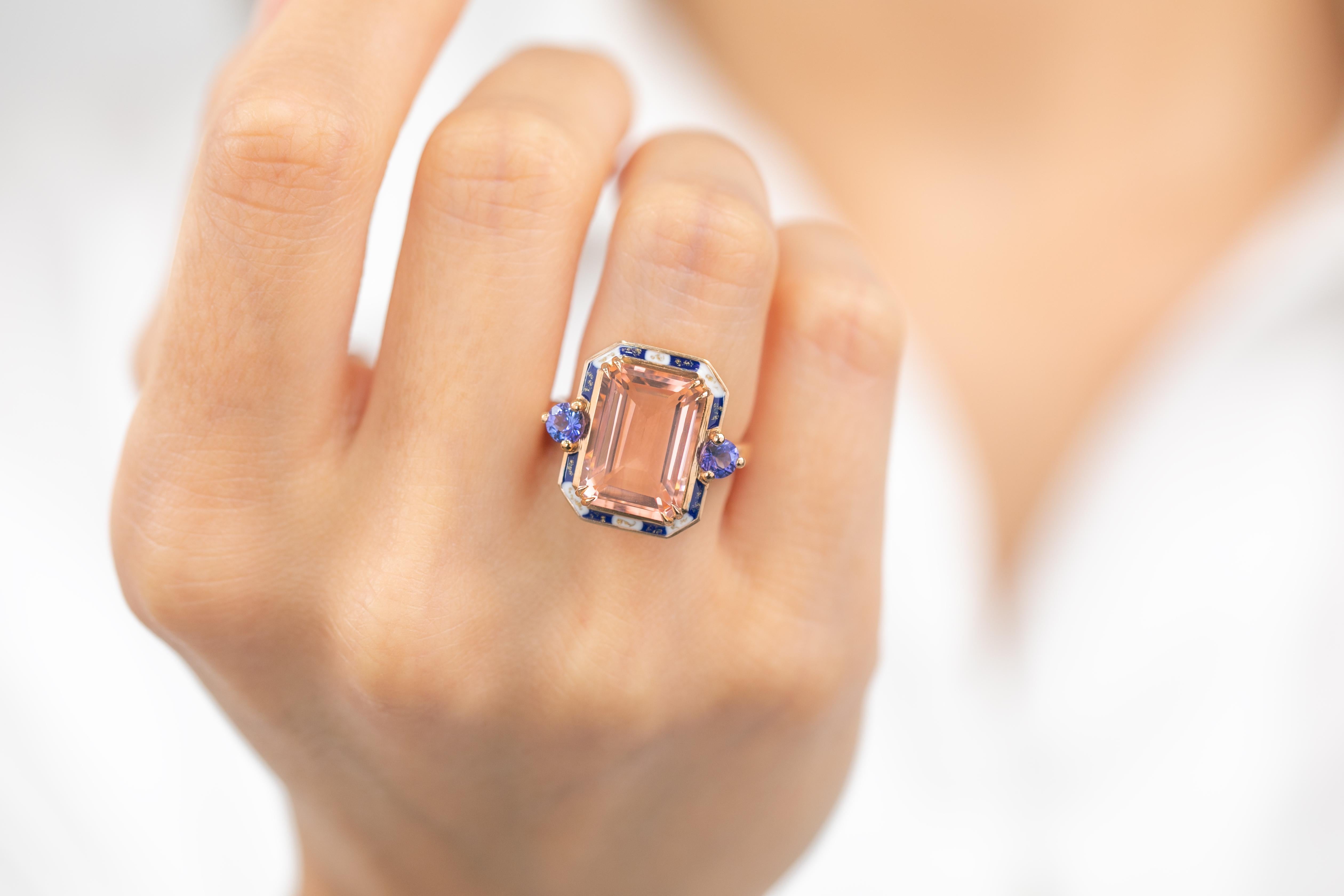 For Sale:  Art Deco Style 14k Solid Gold, Pink Quartz and Ceylon Sapphire Stone Ring 10