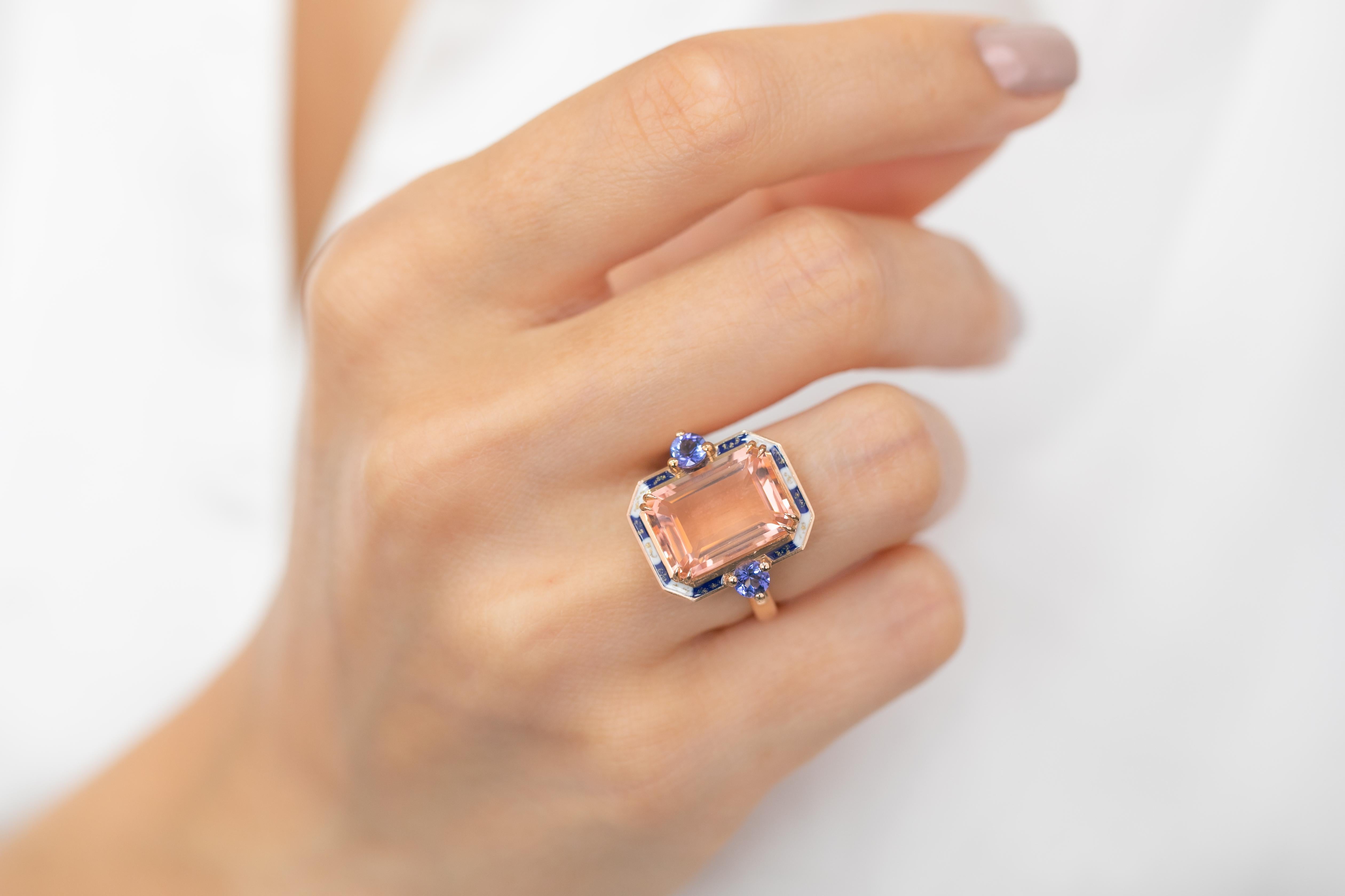 For Sale:  Art Deco Style 14k Solid Gold, Pink Quartz and Ceylon Sapphire Stone Ring 11